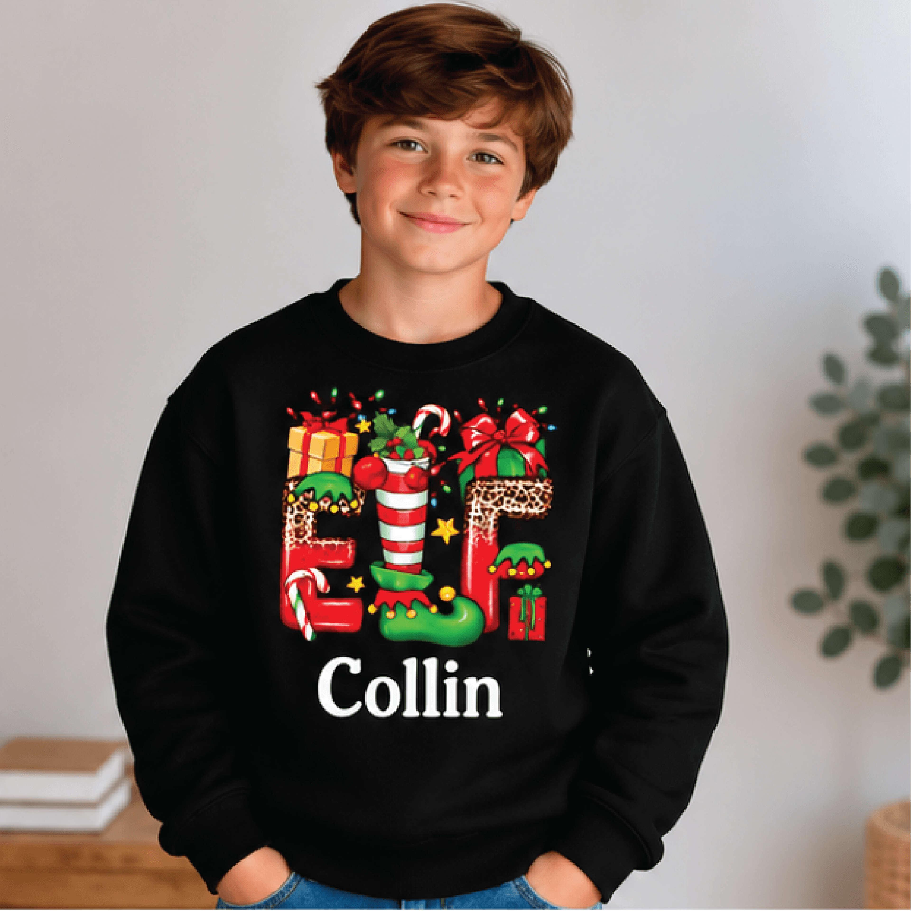 Personalized Christmas Elf Sweatshirt Kids Youth Unisex Custom Name Elf Crewneck Festive Holiday Ca 1