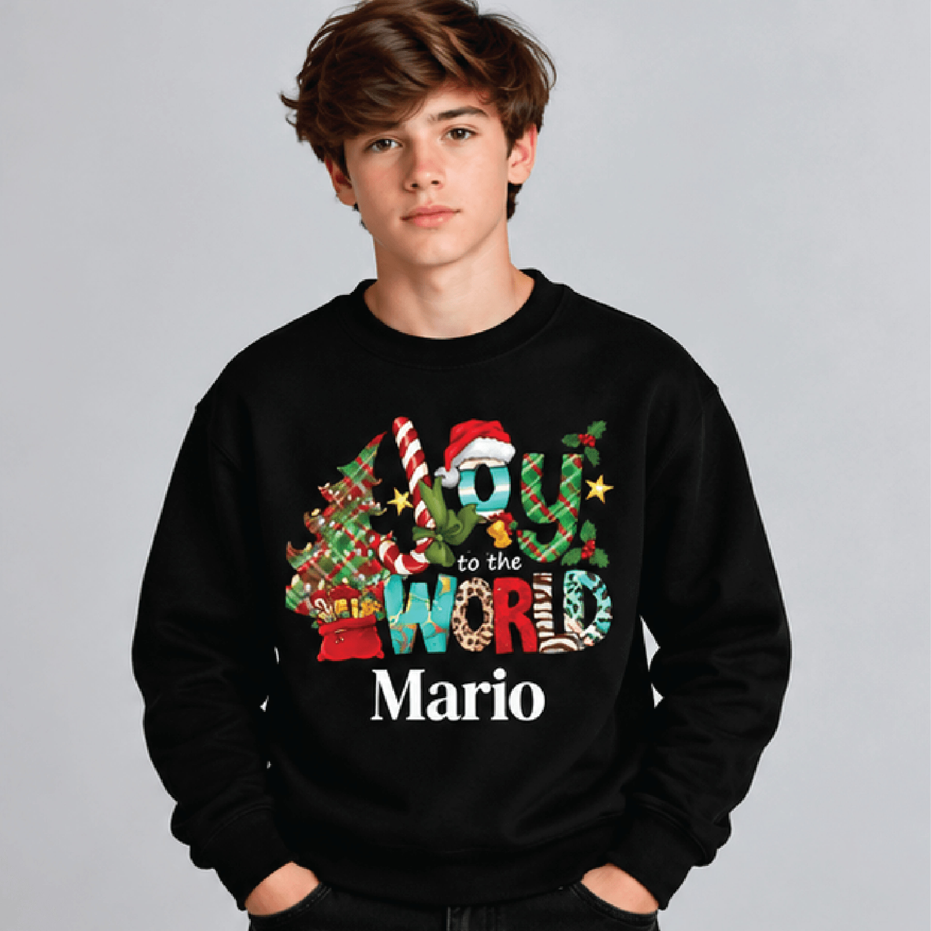 Personalized Joy To The World Christmas Sweatshirt Kids Youth Unisex Custom Name Holiday Crewneck F