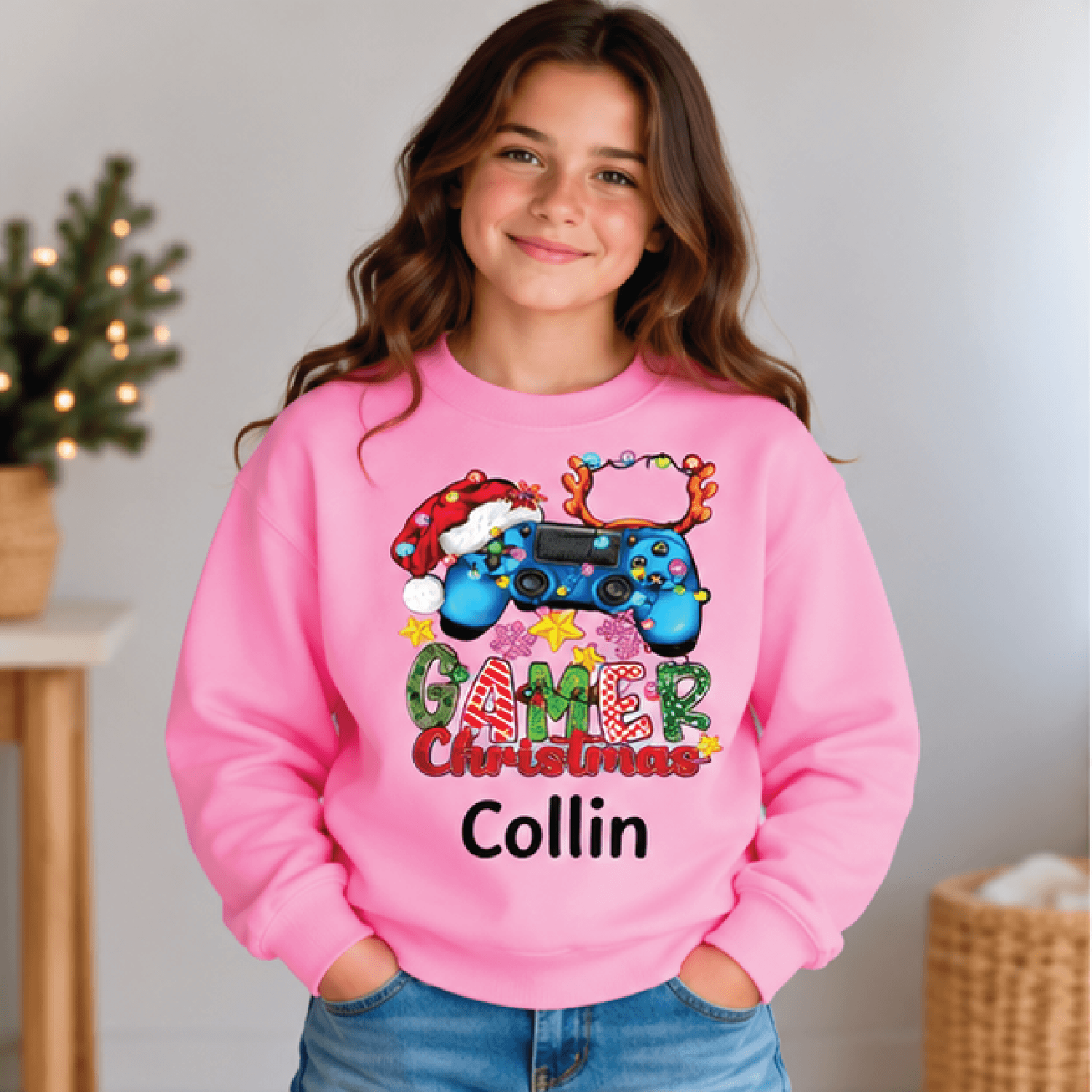 Personalized Gamer Christmas Sweatshirt Kids Youth Unisex Custom Name Gaming Controller Holiday Cre 2