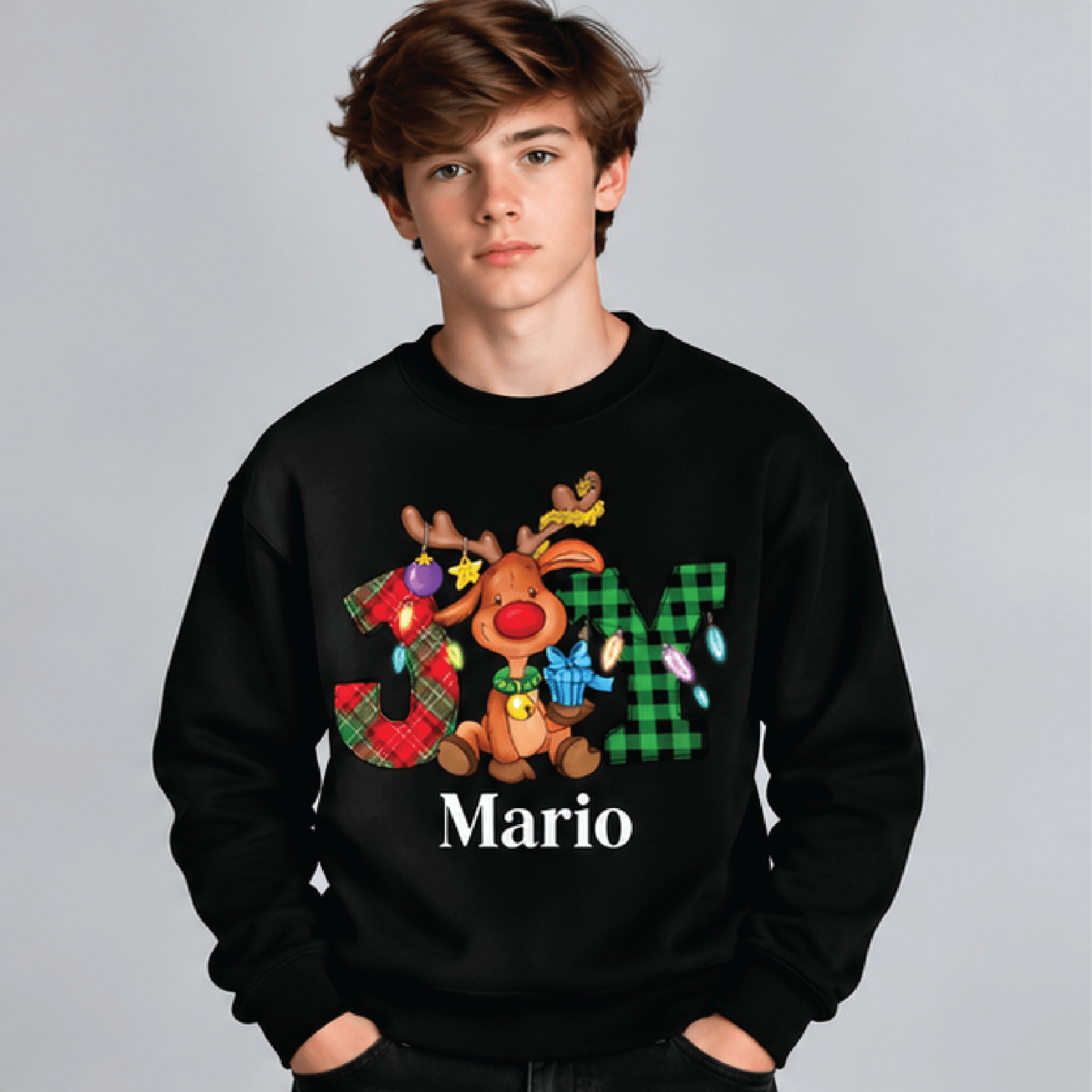 Personalized JOY Reindeer Christmas Sweatshirt Kids Youth Unisex Custom Name Plaid Holiday Crewneck 1