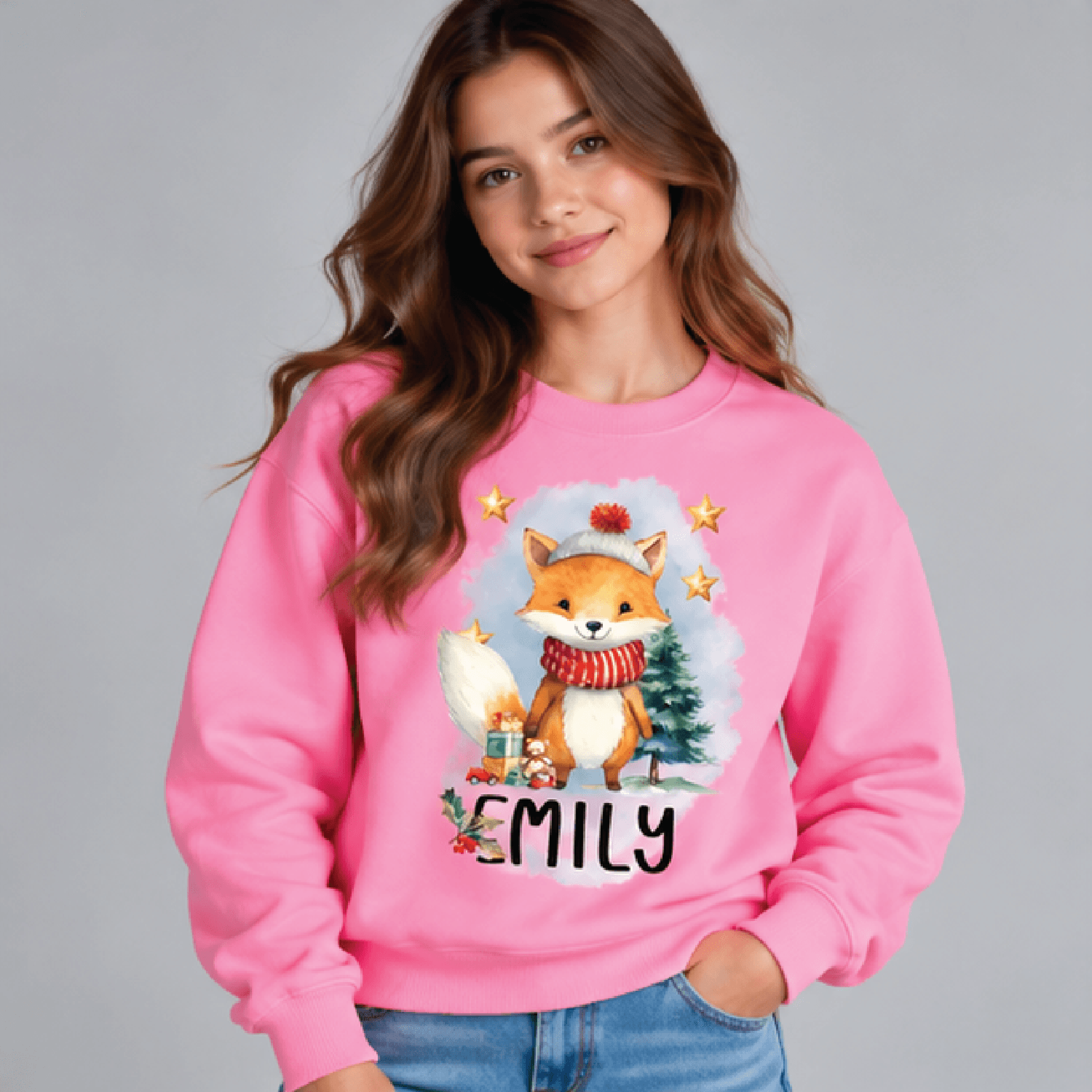 Personalized Christmas Fox Sweatshirt Kids Youth Unisex Custom Name Winter Fox Crewneck Cute Woodla 2