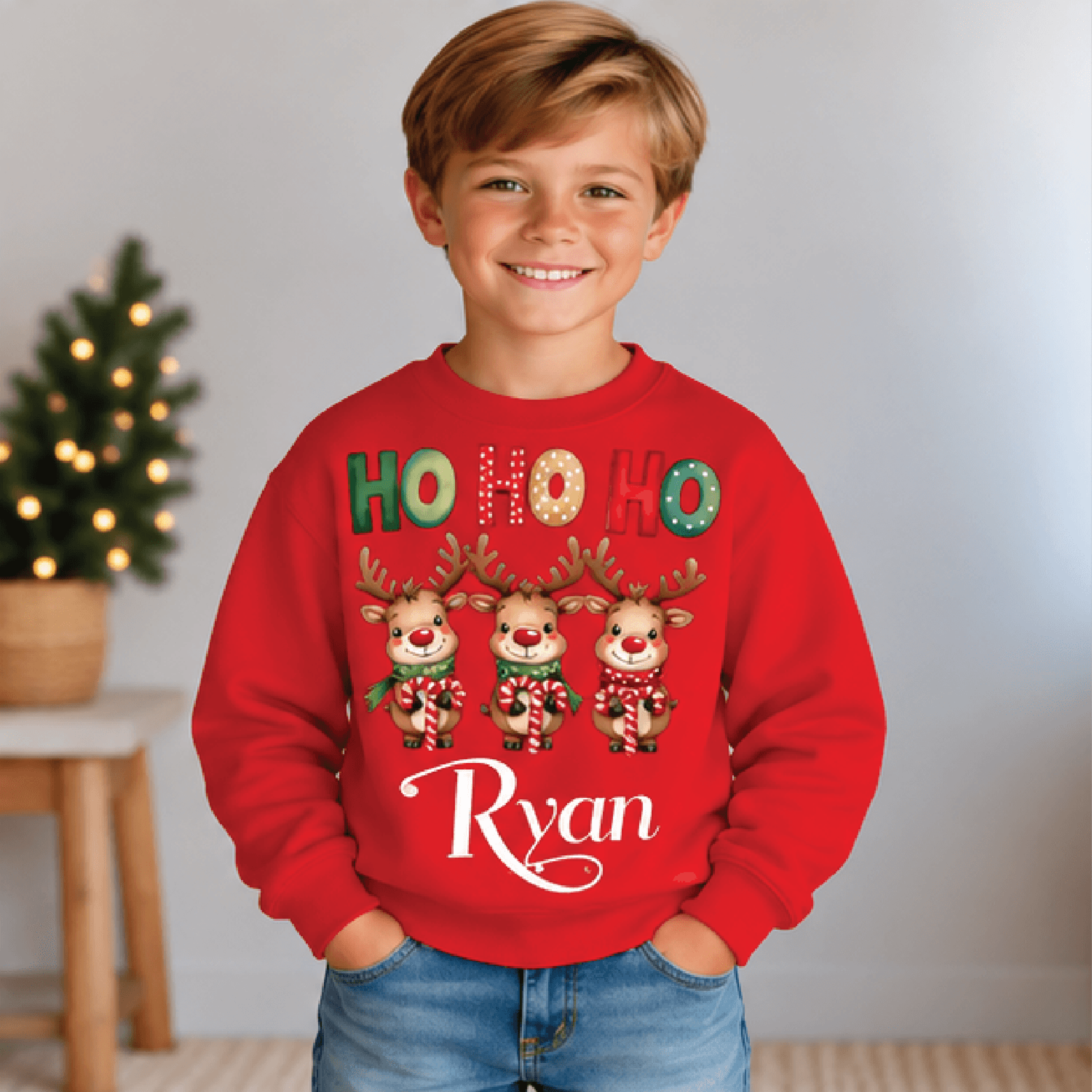 Personalized Ho Ho Ho Reindeer Sweatshirt Kids Youth Unisex Custom Name Christmas Crewneck Cute Hol 3