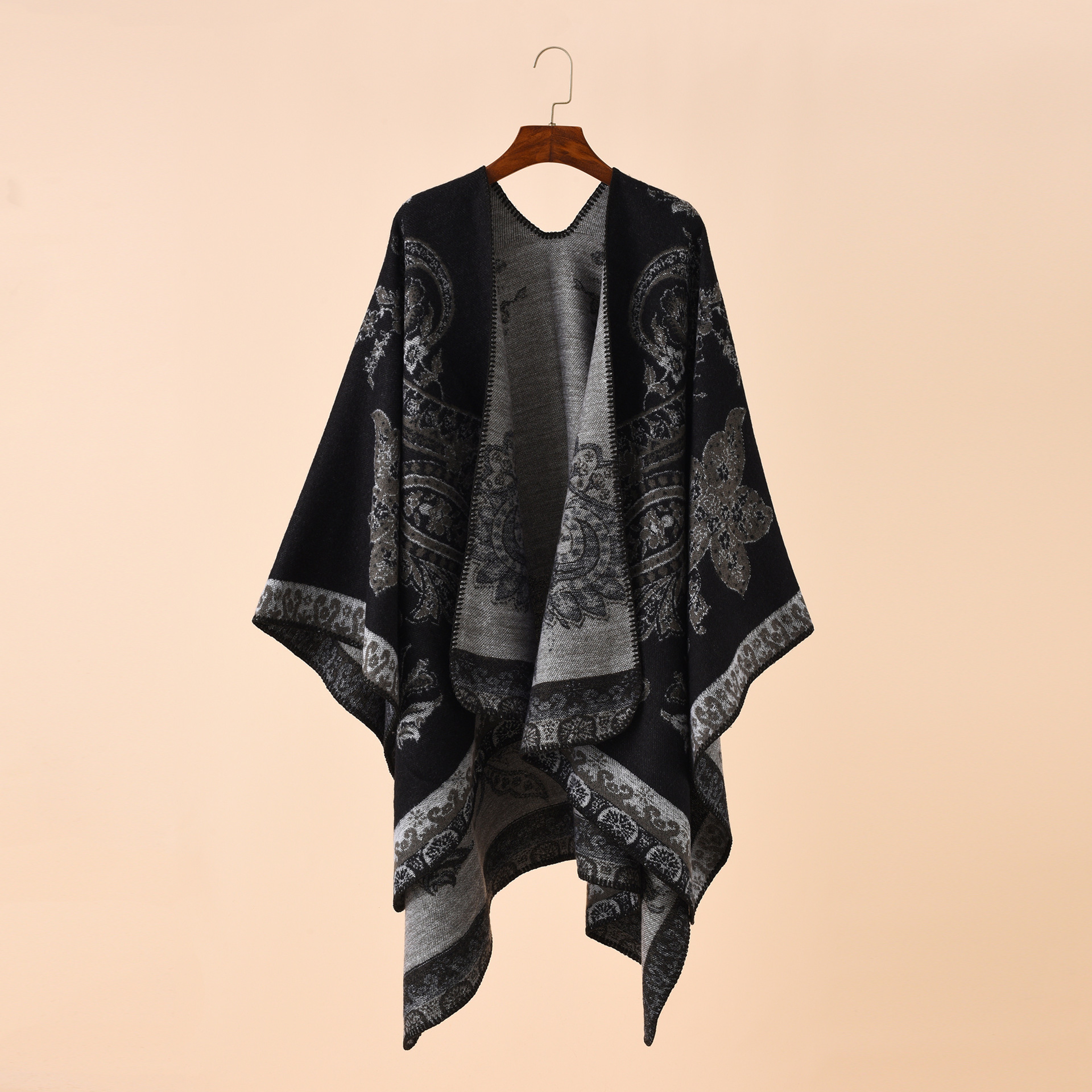 Womens Autumn Winter Geometric Lattice Flower Pattern Imitation Cashmere Shawl Cloak Cape, Warm Stylish Poncho – view 4