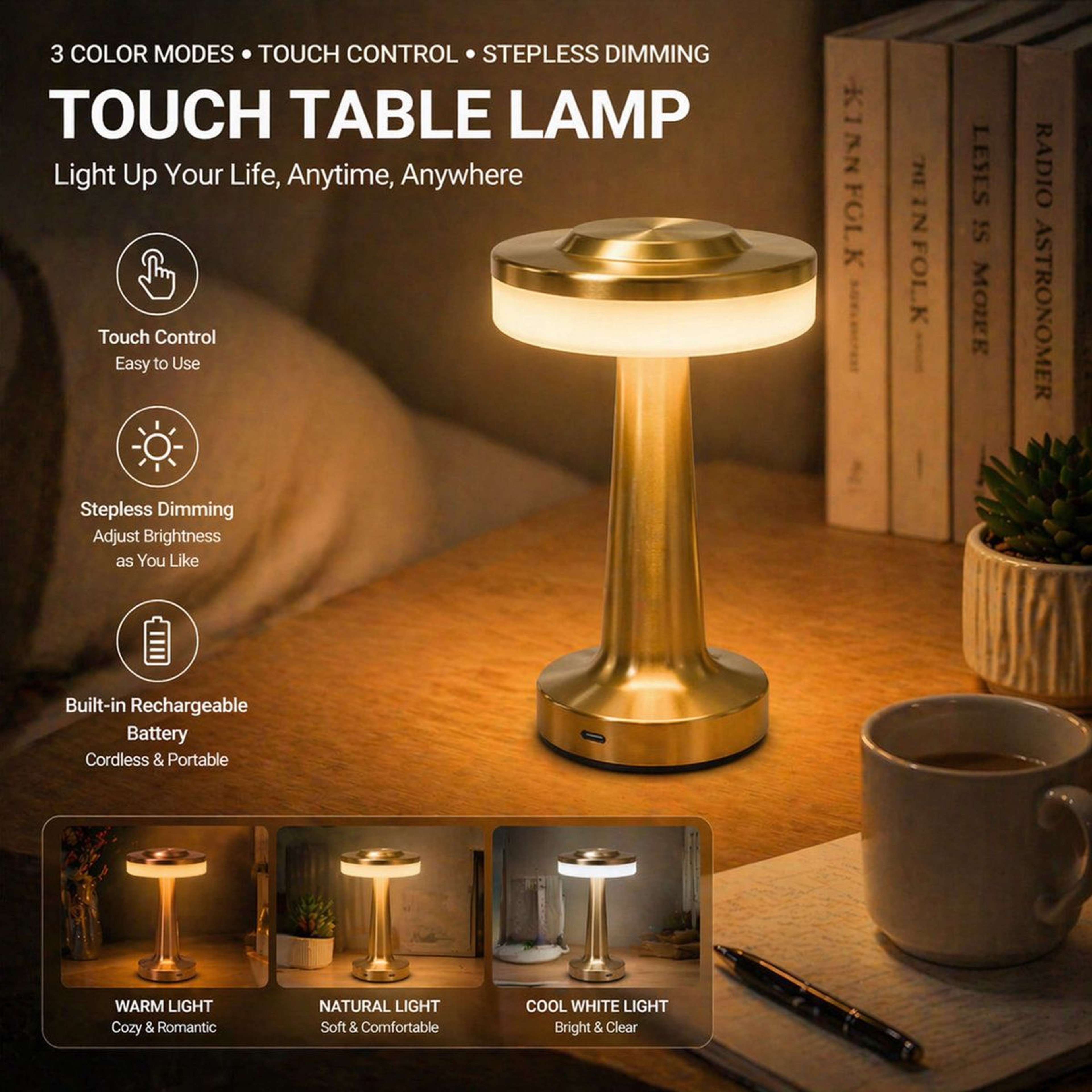 Caidenlee Rechargeable Touch Lamp With 3 Level Dimming 1