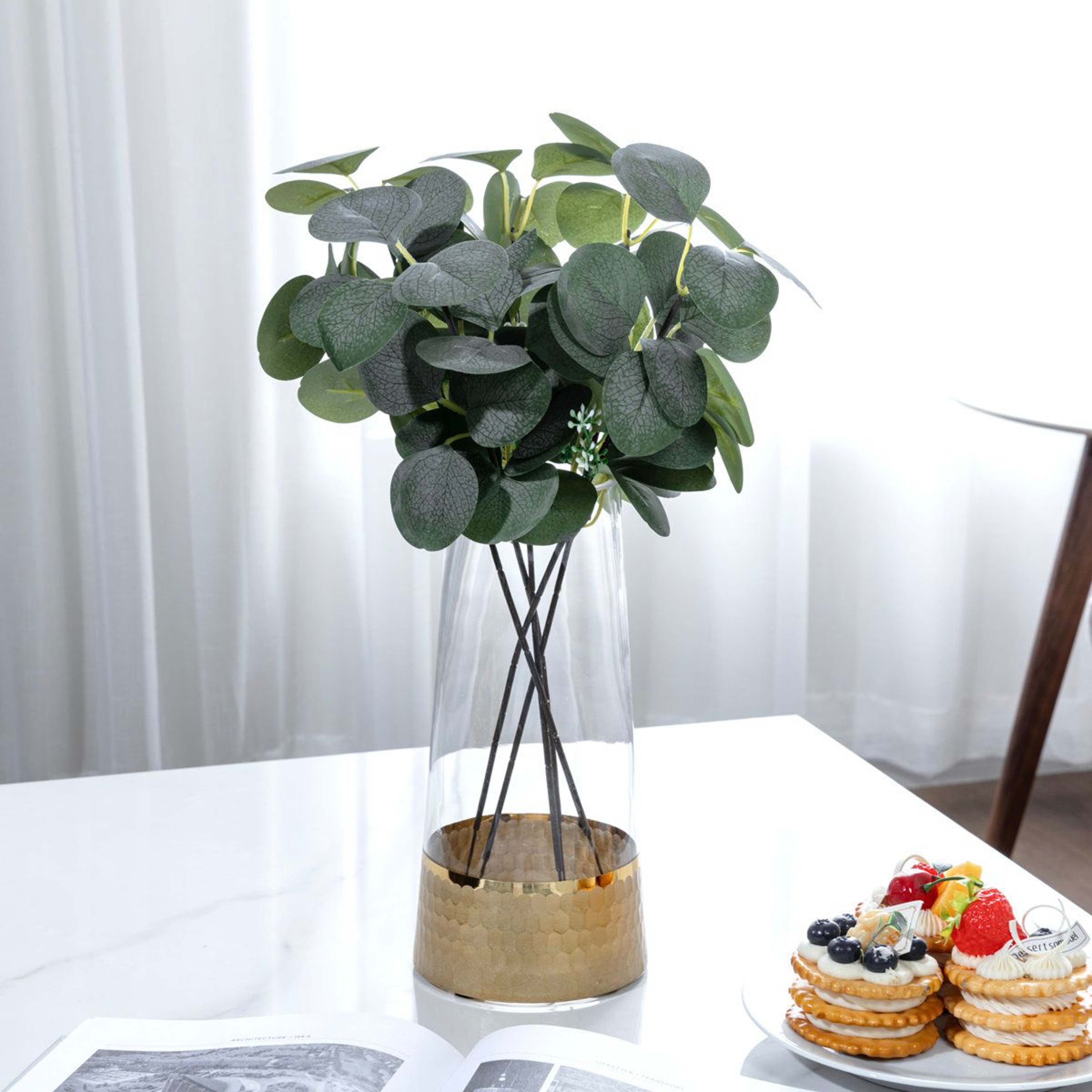 Lifelike Artificial Eucalyptus Plant In Glass Vase With Gold Accent 5