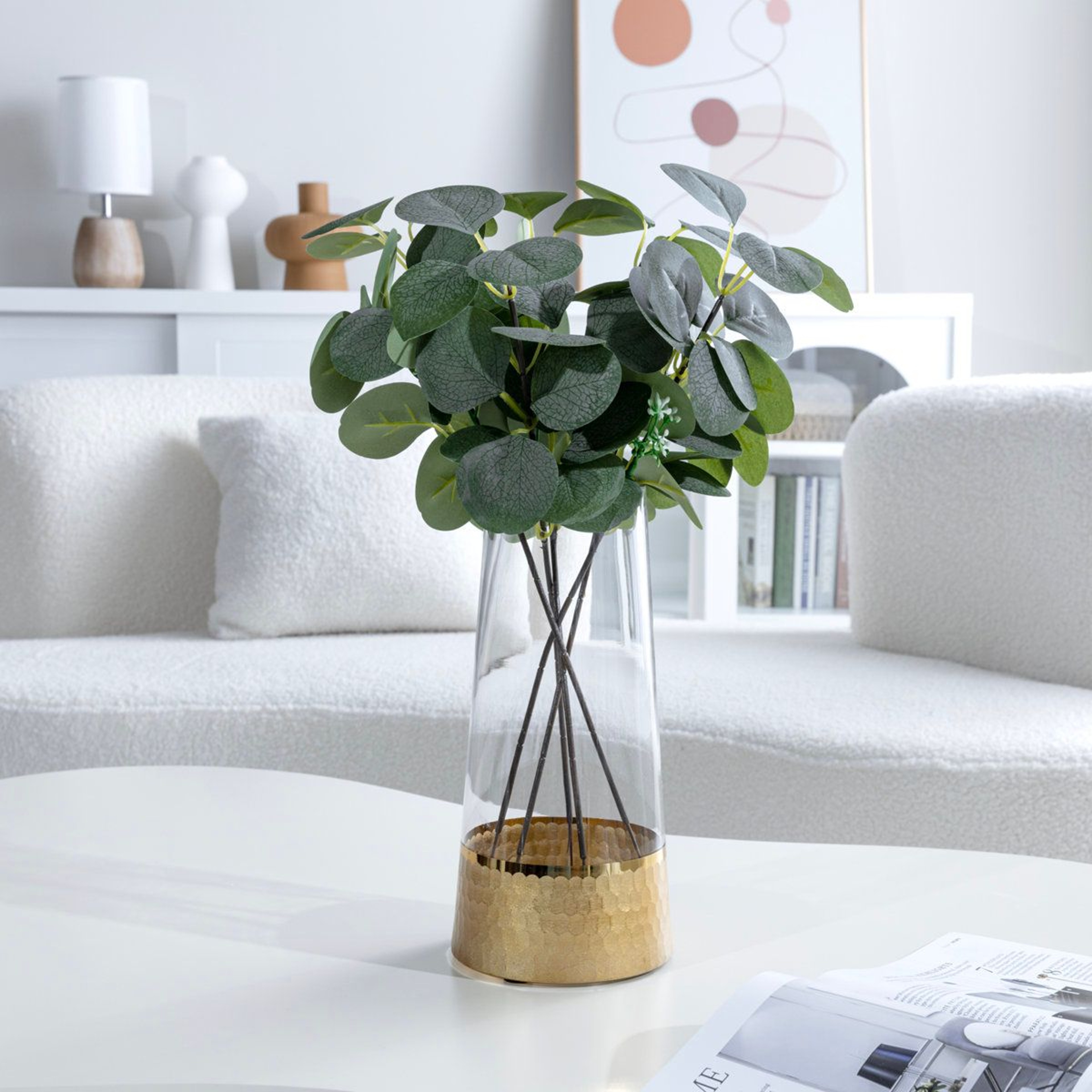 Lifelike Artificial Eucalyptus Plant In Glass Vase With Gold Accent 0
