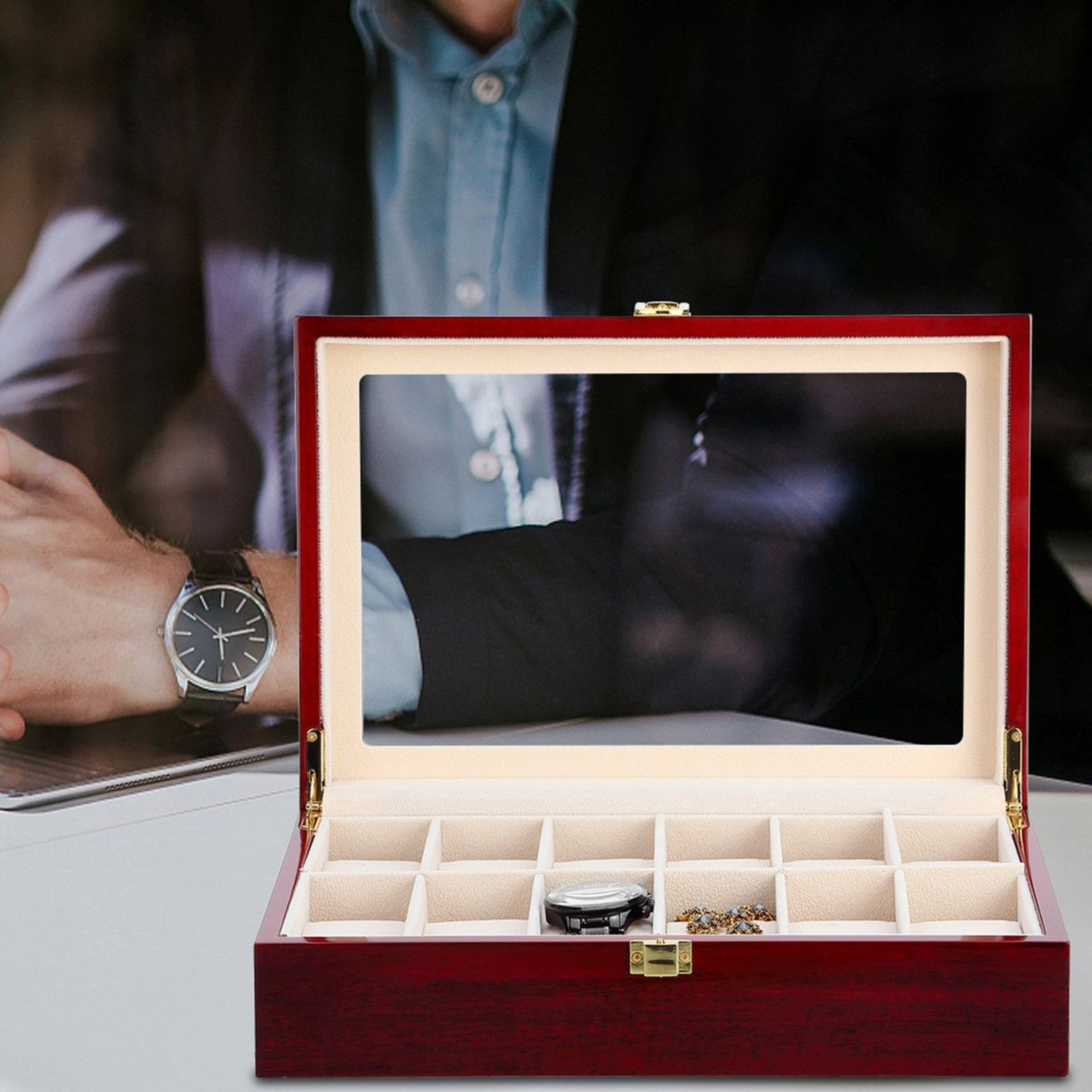 12 Slot Watch Box Organizer With Glass Lid And Lock 2