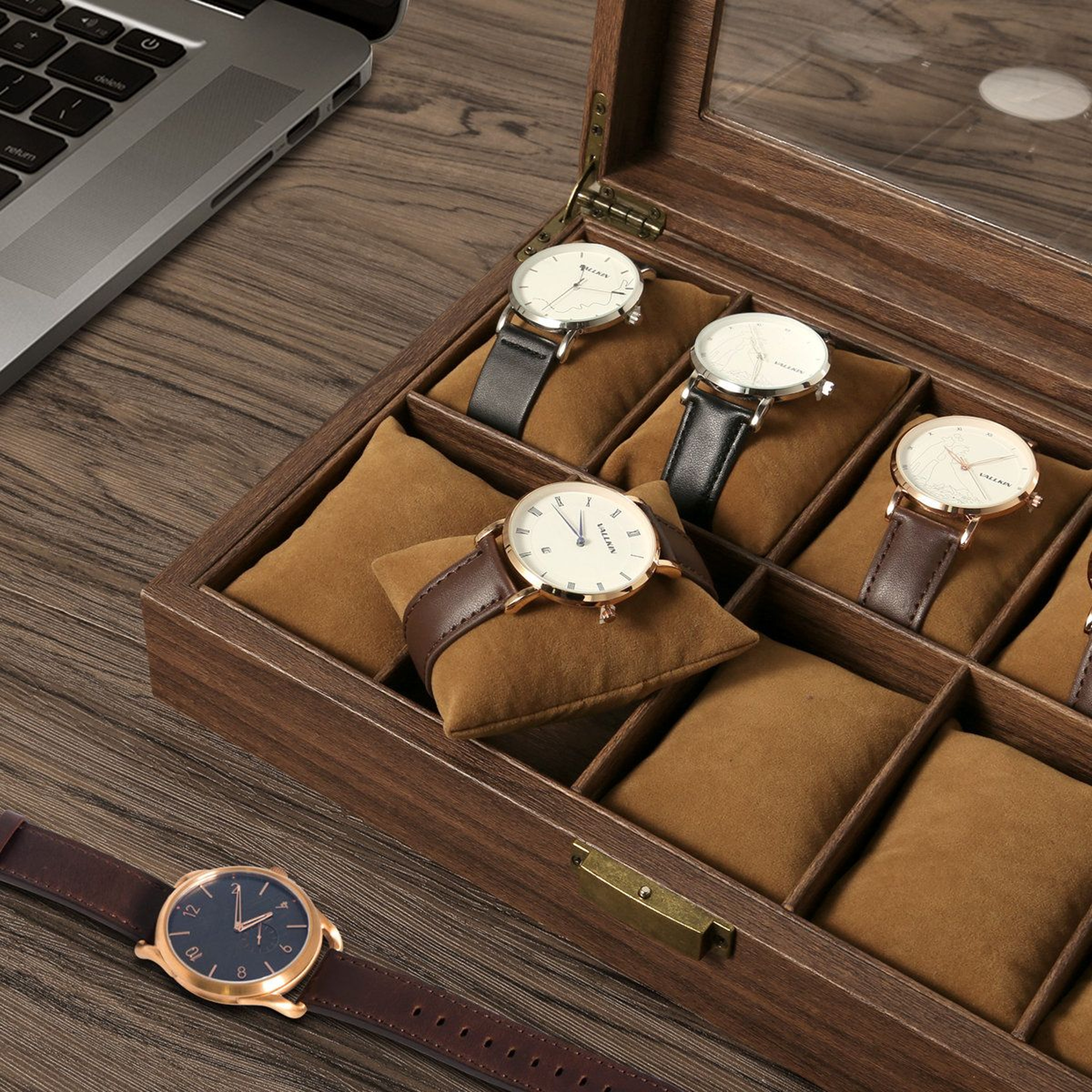 10Slot Wood Grain Watch Box Organizer And Glass Top Watch Display Case 2