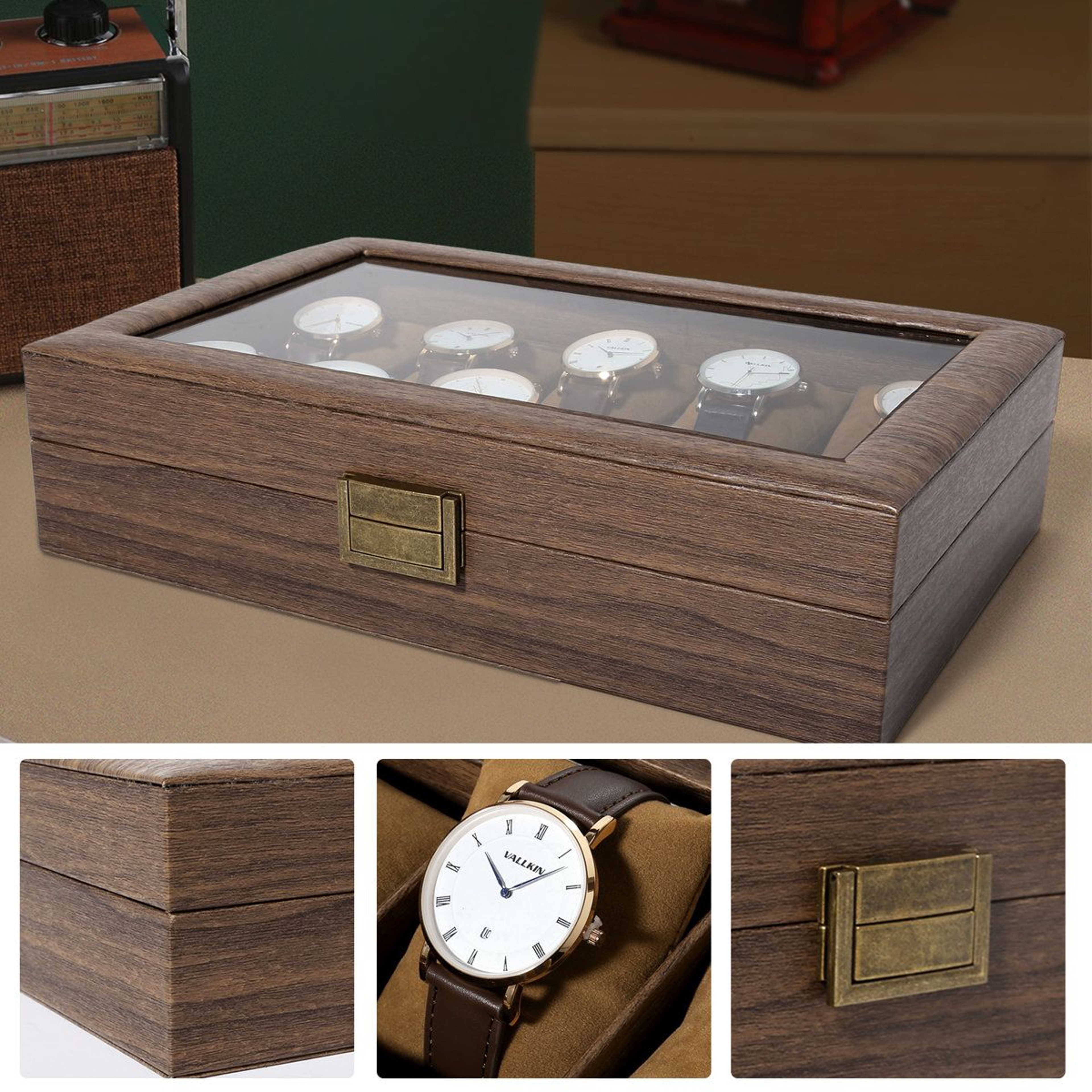 10Slot Wood Grain Watch Box Organizer And Glass Top Watch Display Case 3
