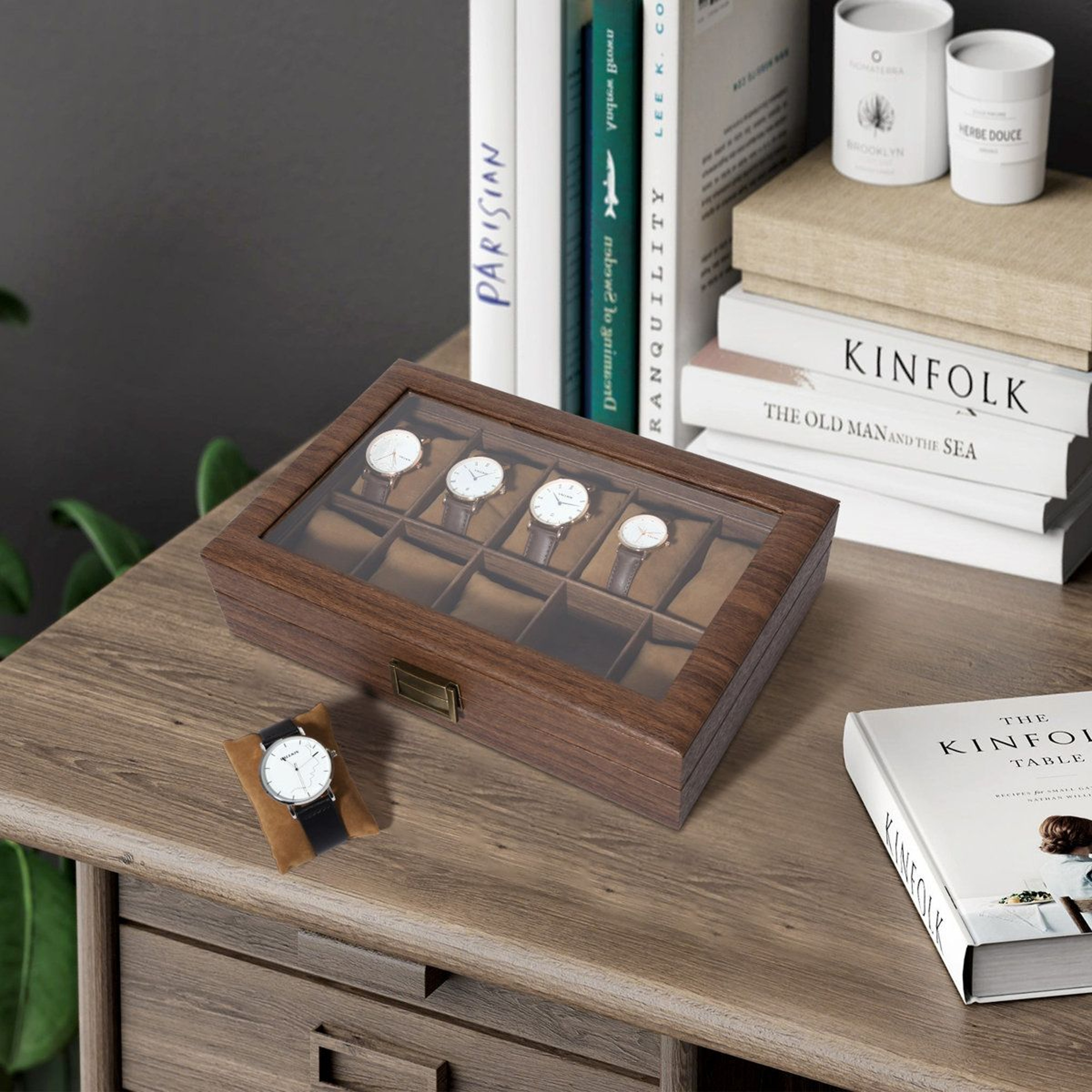 10Slot Wood Grain Watch Box Organizer And Glass Top Watch Display Case 5