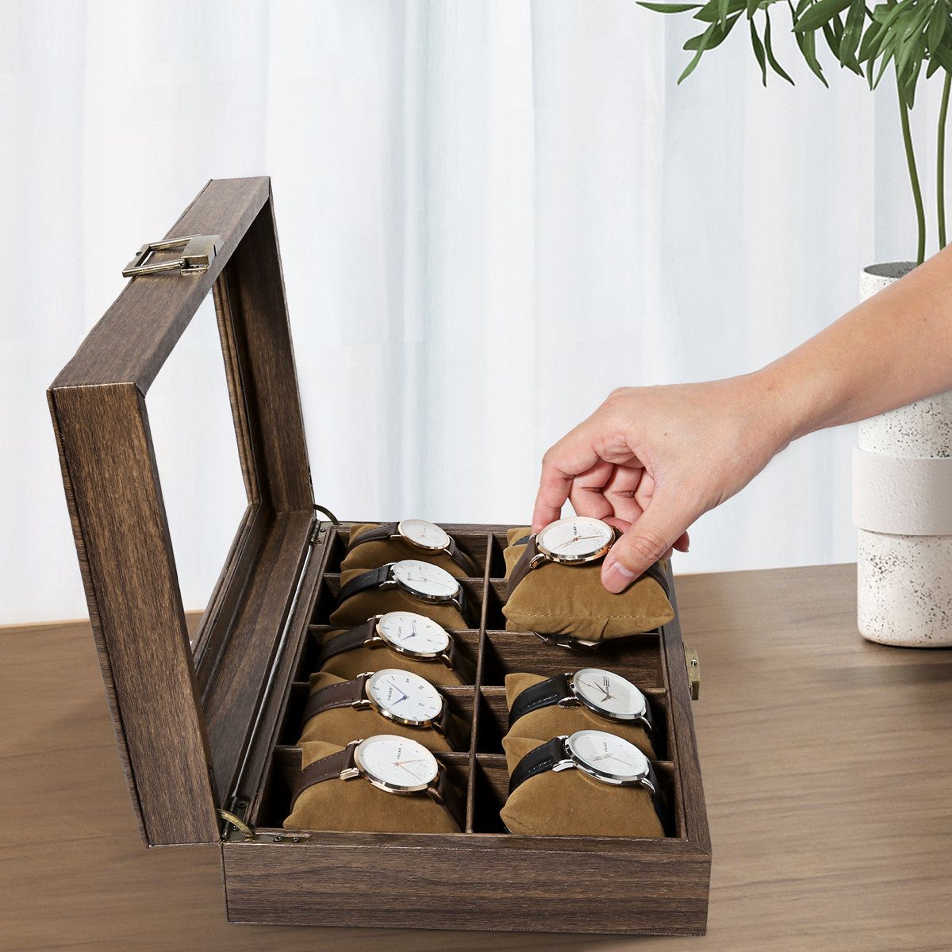 10Slot Wood Grain Watch Box Organizer And Glass Top Watch Display Case 7
