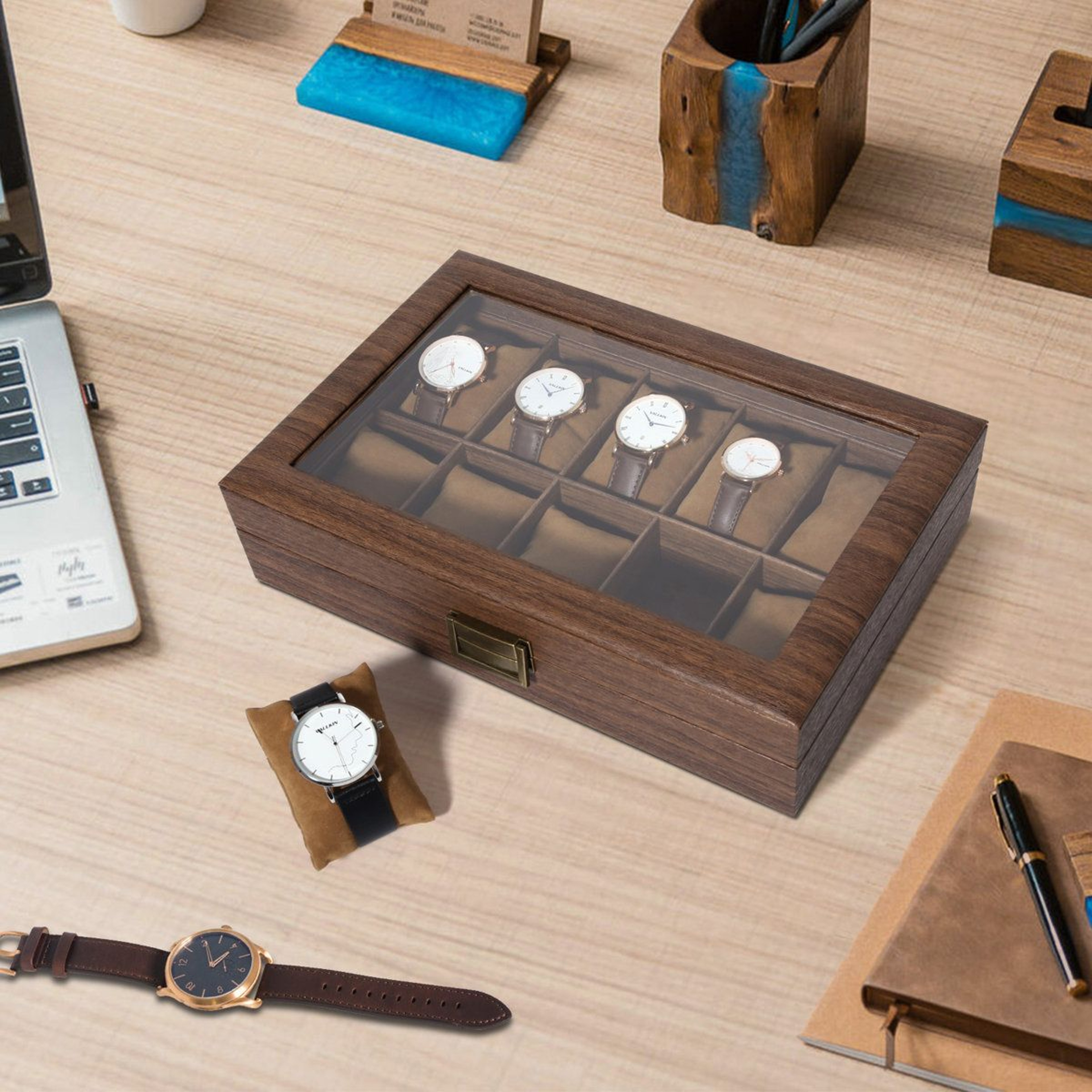 10Slot Wood Grain Watch Box Organizer And Glass Top Watch Display Case 8
