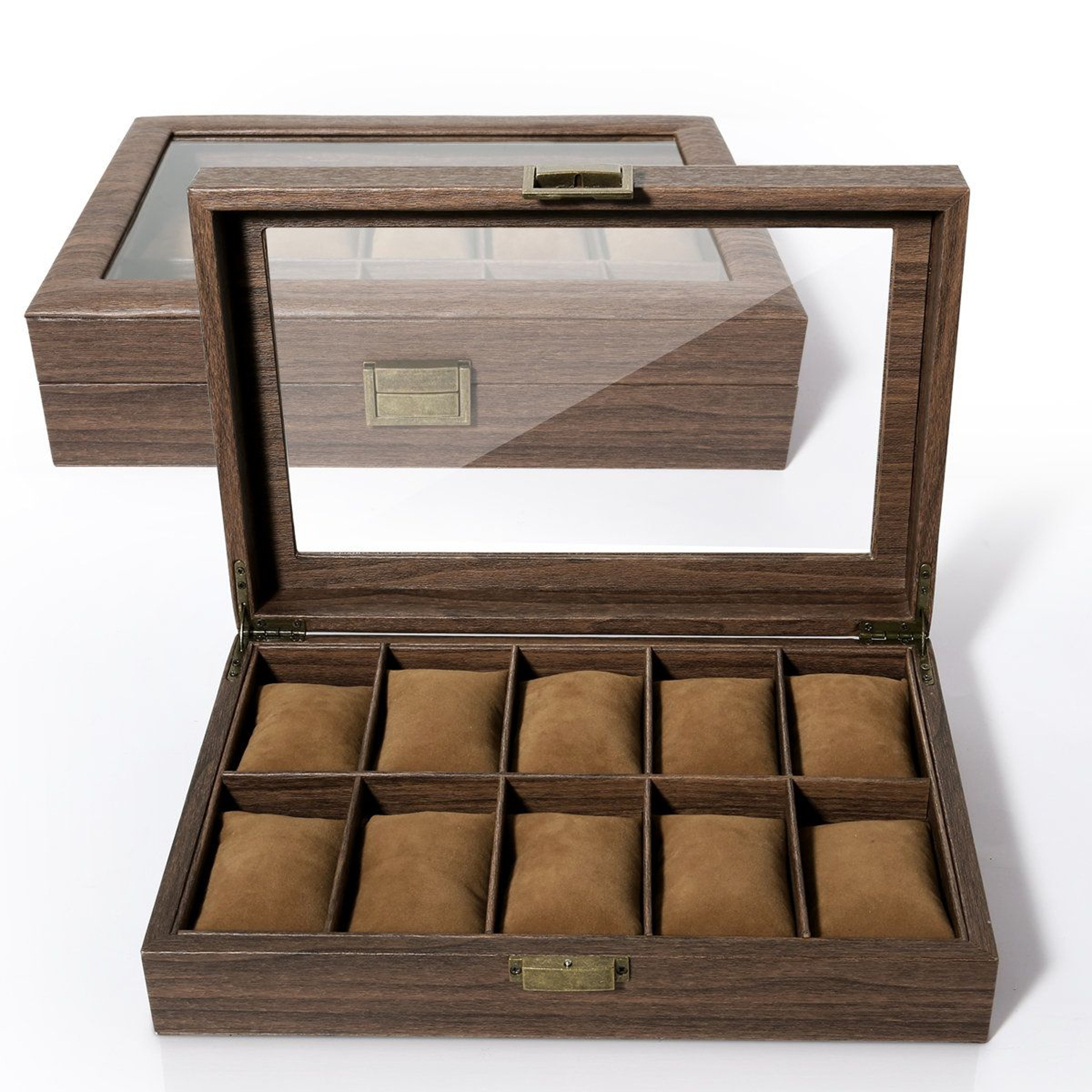 10Slot Wood Grain Watch Box Organizer And Glass Top Watch Display Case 1