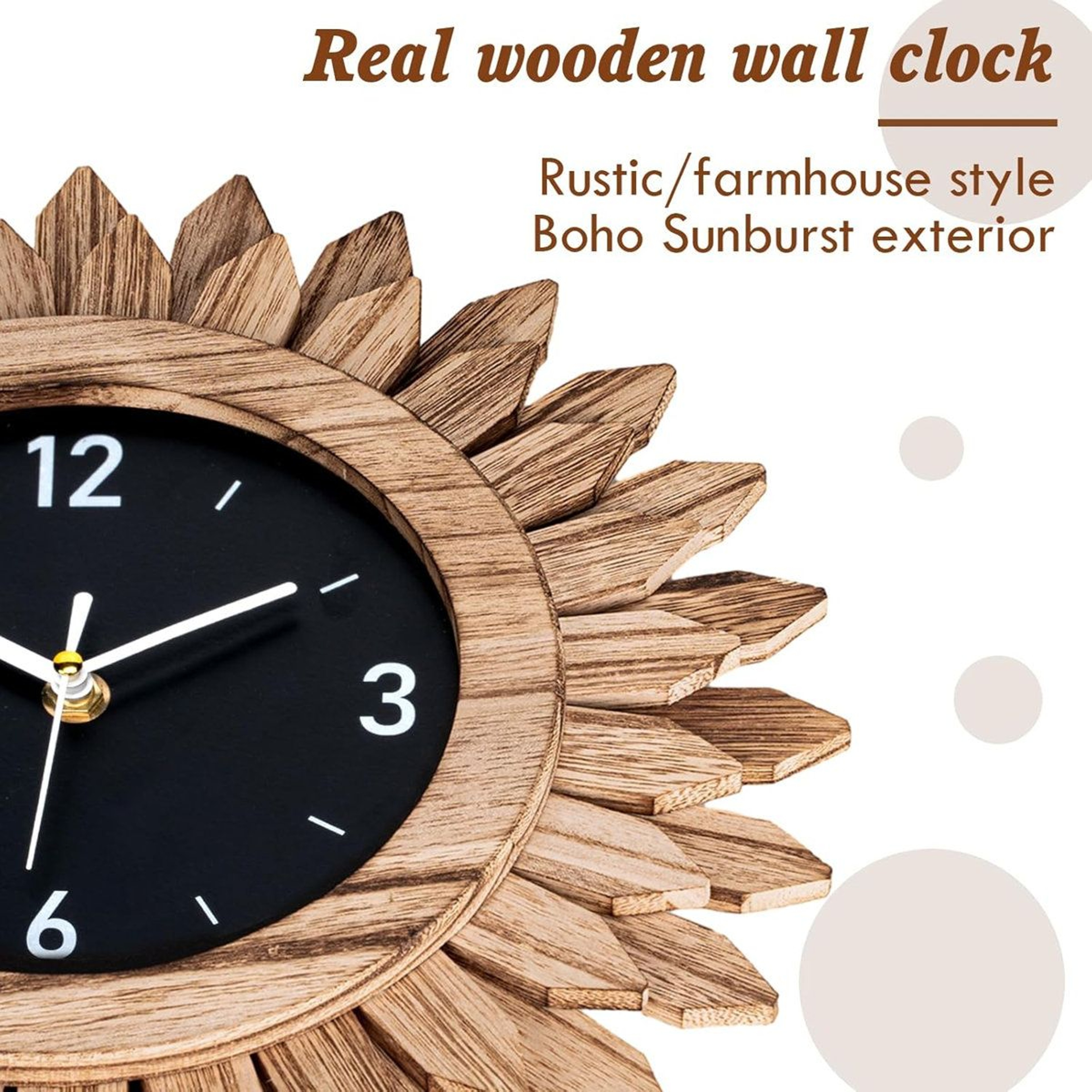 12 Inch Boho Wall Clock Rustic Wood Sunburst Silent Farmhouse Decor 1