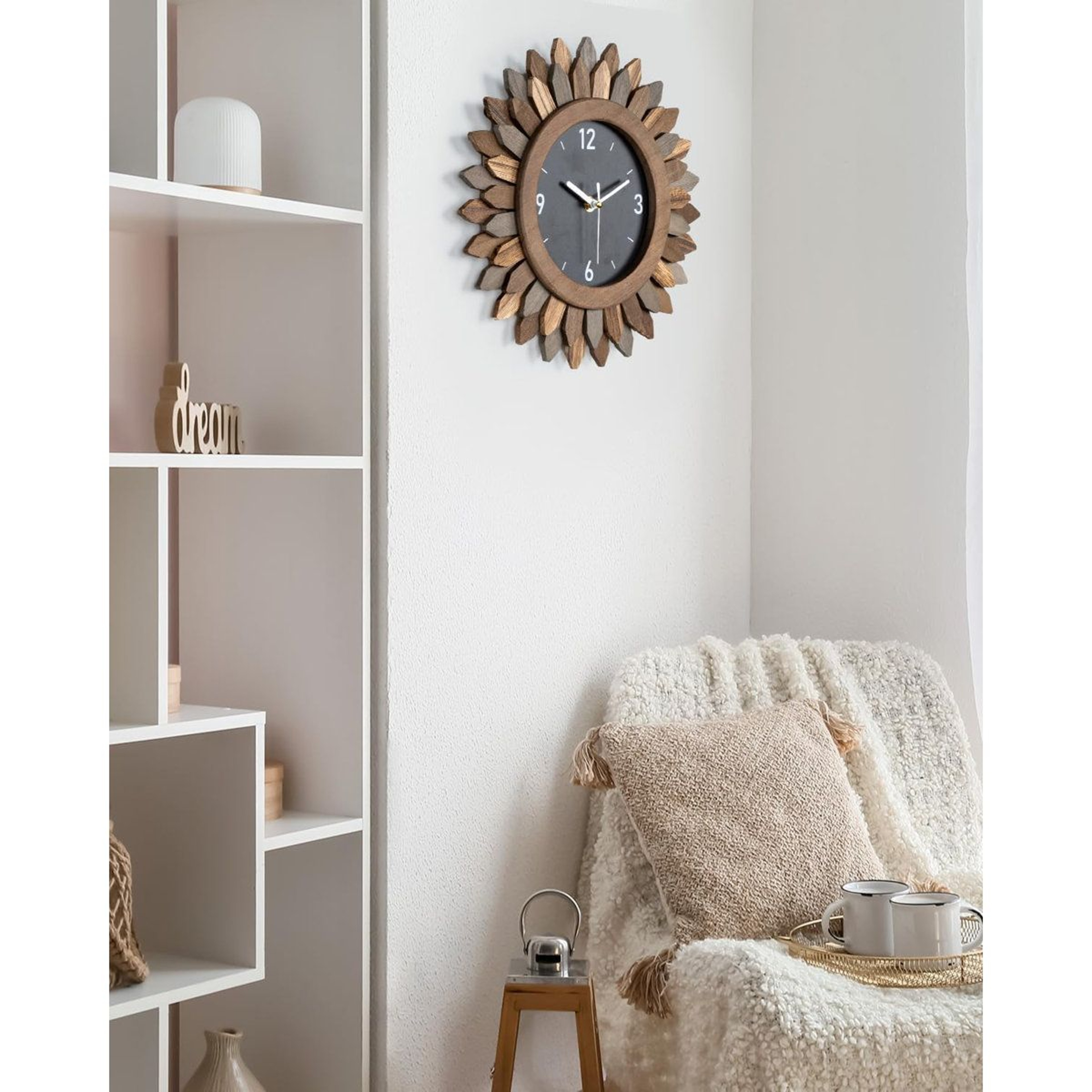 12 Inch Boho Wall Clock Rustic Wood Sunburst Silent Farmhouse Decor 4