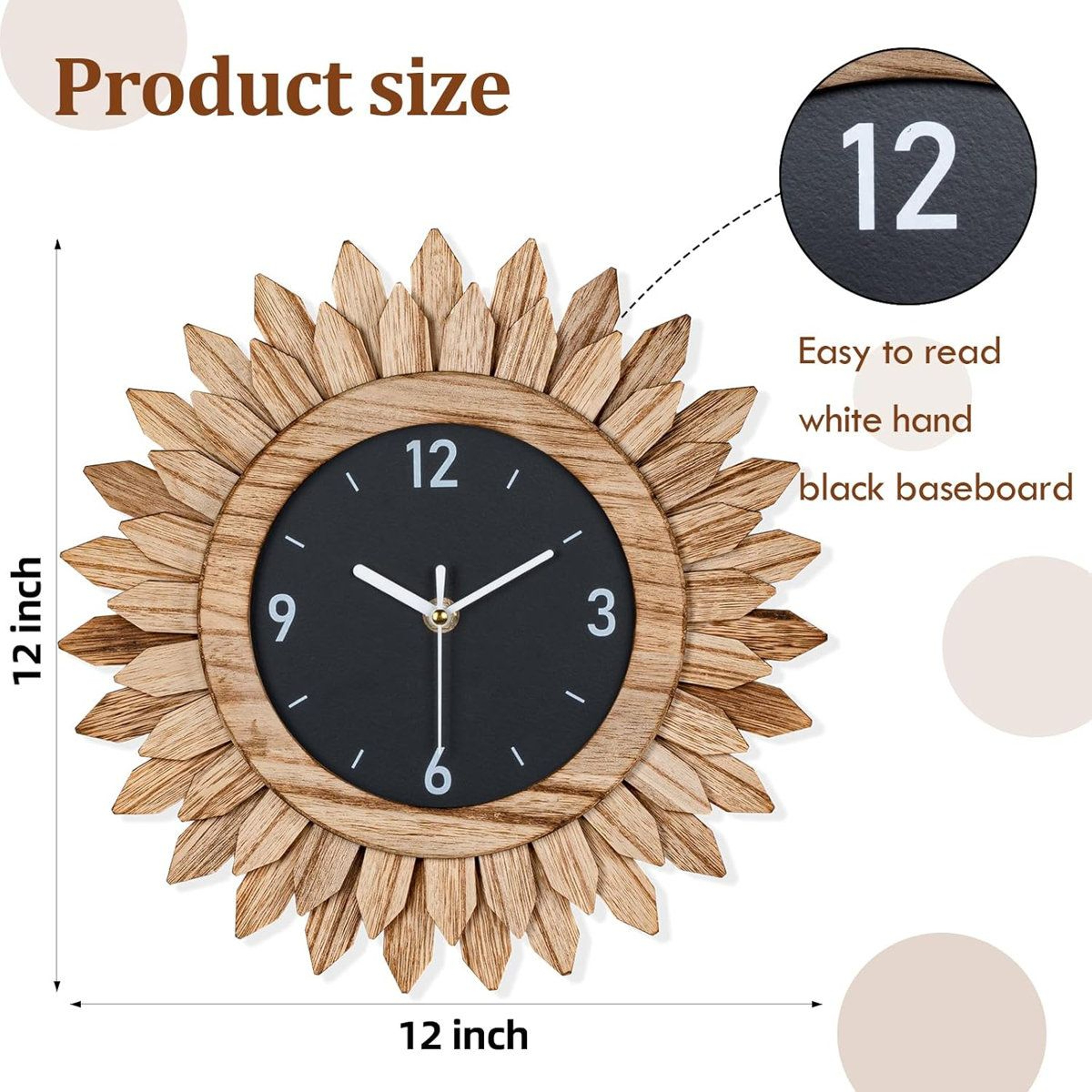 12 Inch Boho Wall Clock Rustic Wood Sunburst Silent Farmhouse Decor 5
