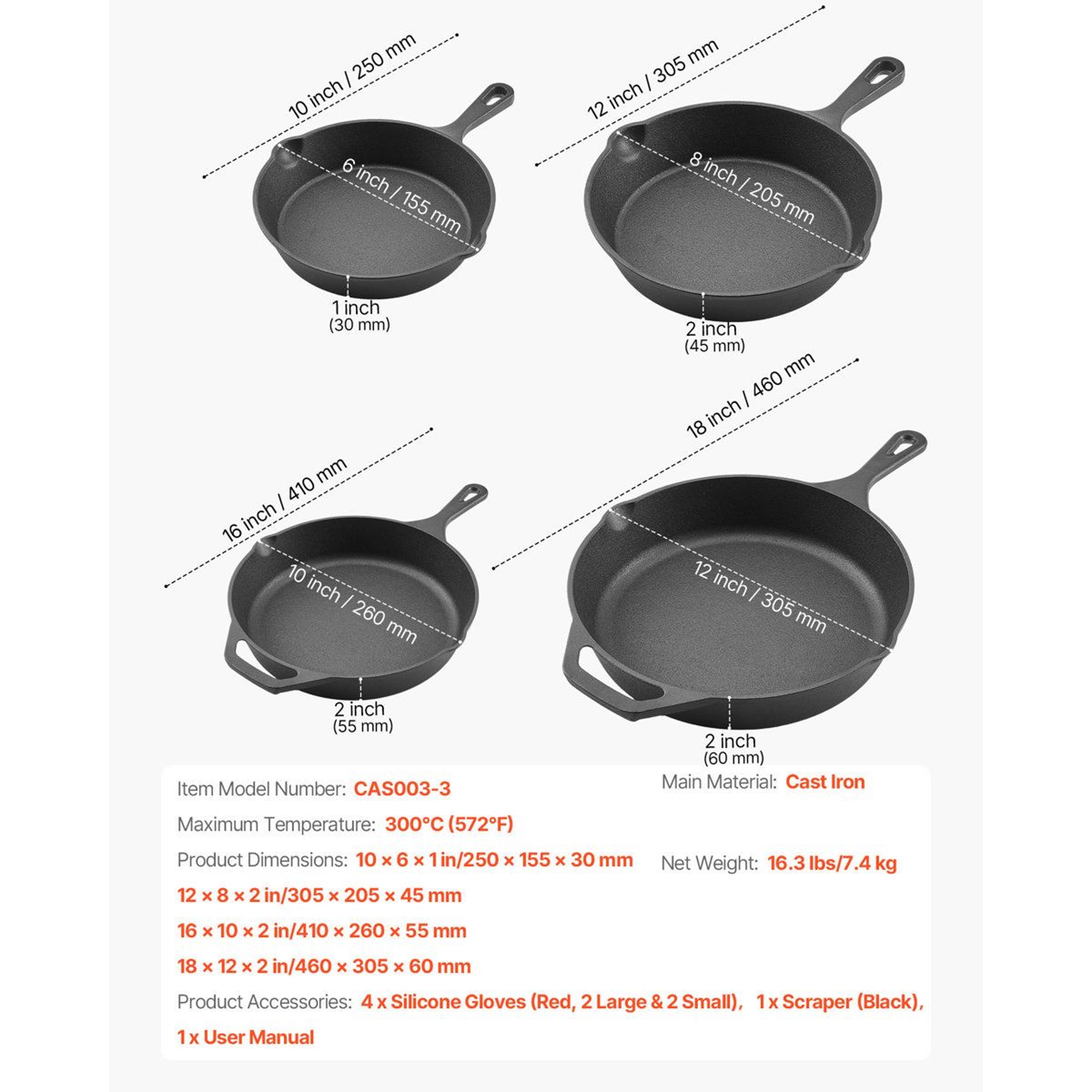 4 Piece Cast Iron Skillet Set 6 8 10 12 Inch Pre Seasoned Induction Cookware 8