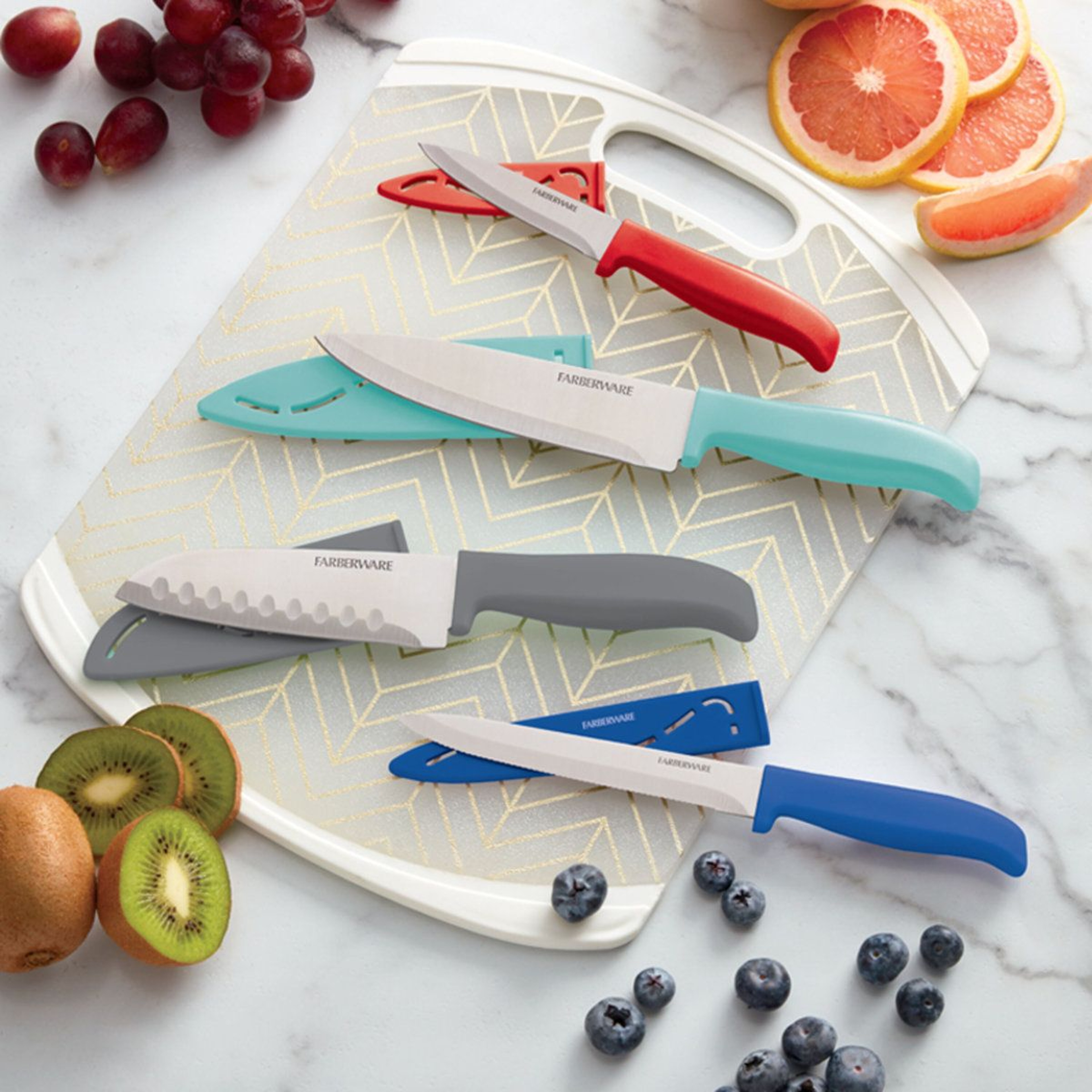 Farberware Colourworks 4 Piece High Carbon Stainless Steel Chef Knife Set With Blade Covers 1