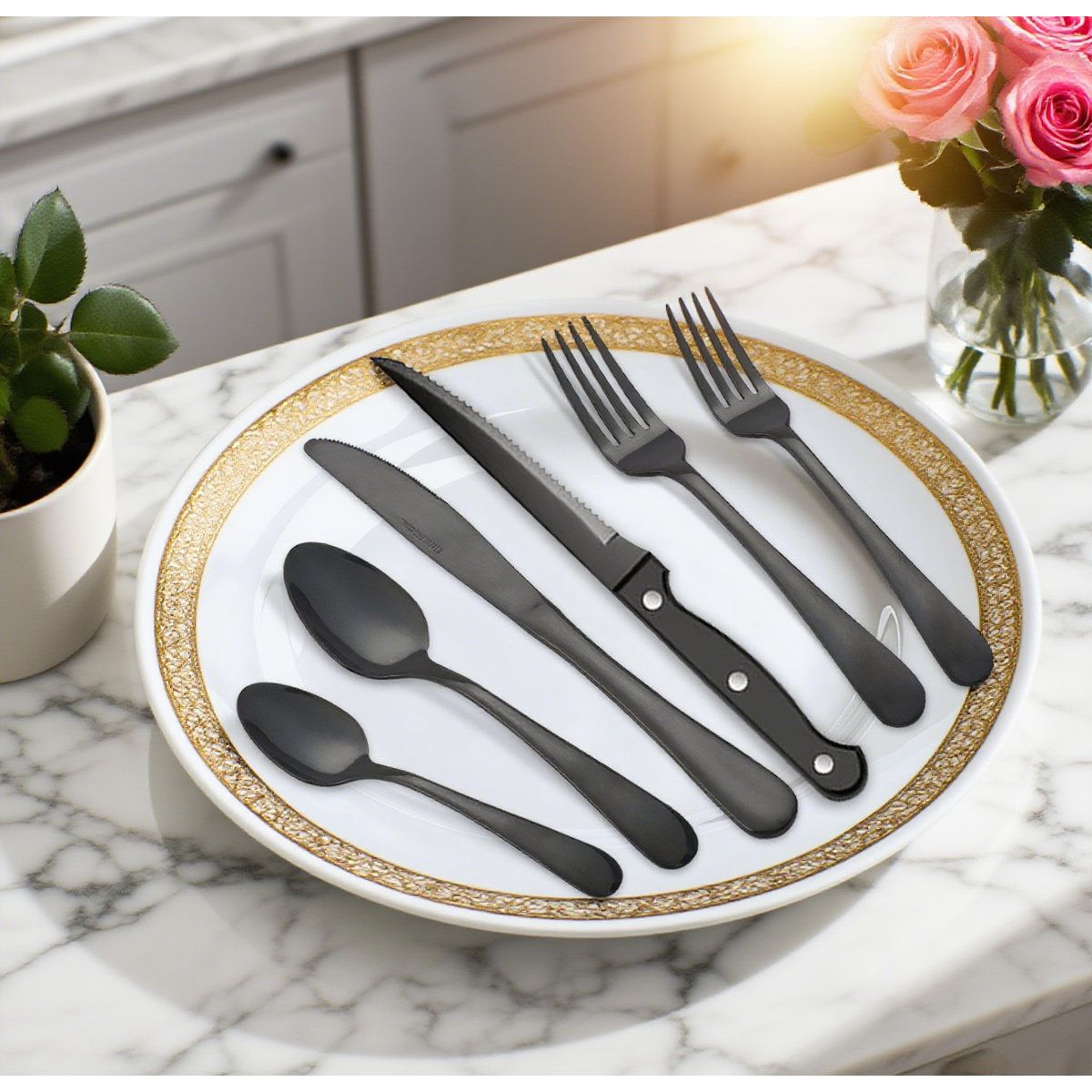 48 Piece Black Flatware Set For 8 With Steak Knives Stainless Steel Cutlery 8