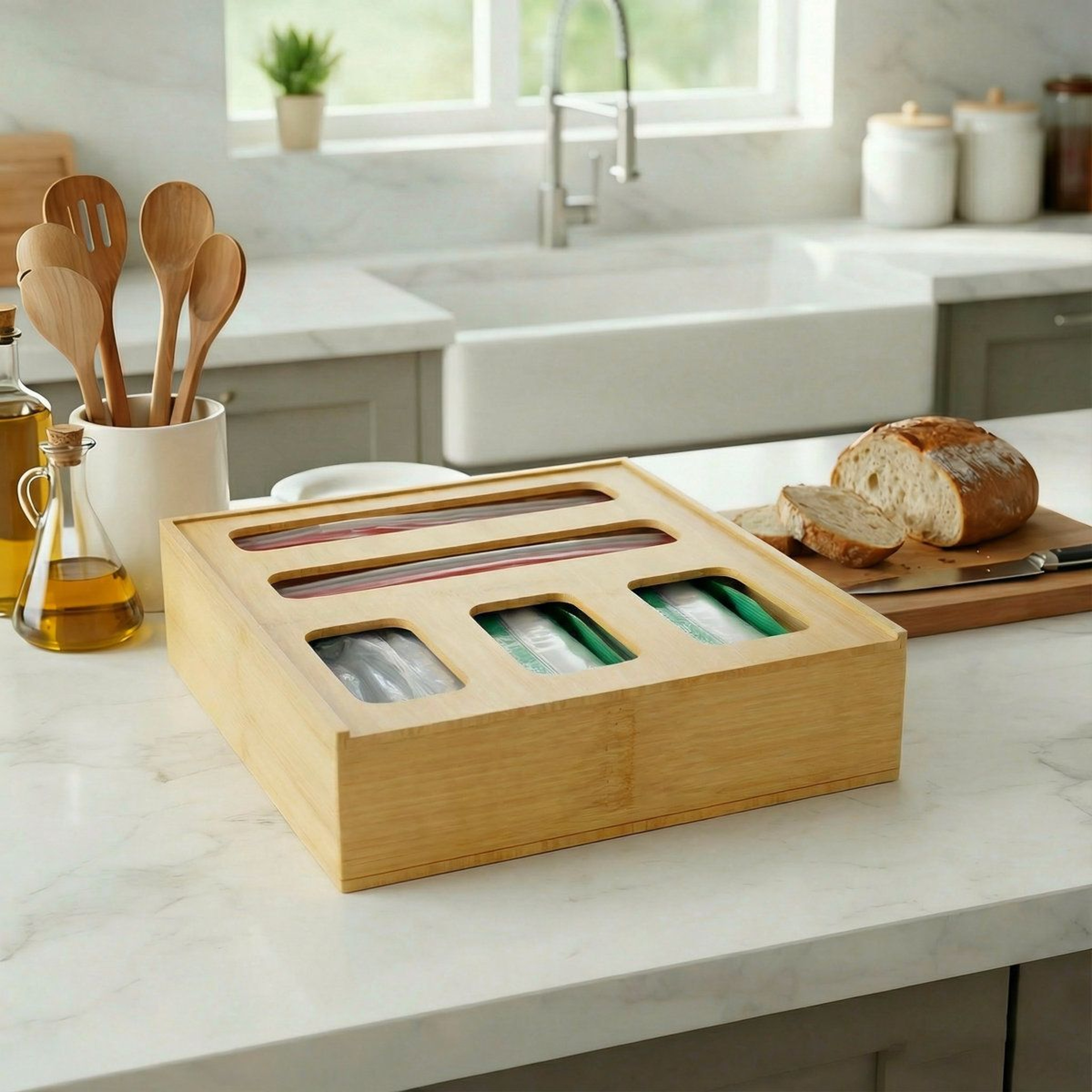 Bamboo Food Storage Bag Organizer 5 Slot Kitchen Drawer Organizer 4