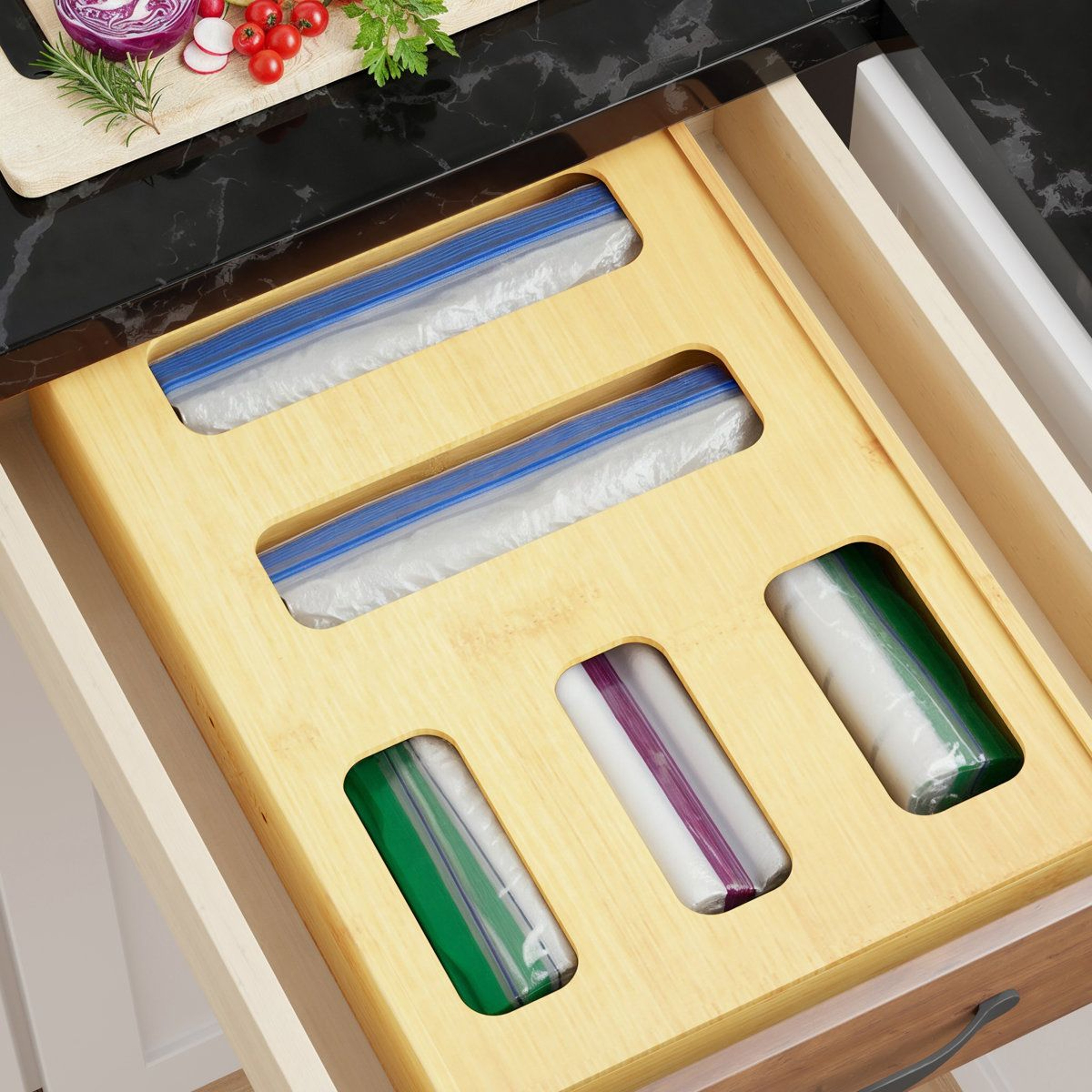 Bamboo Food Storage Bag Organizer 5 Slot Kitchen Drawer Organizer 5