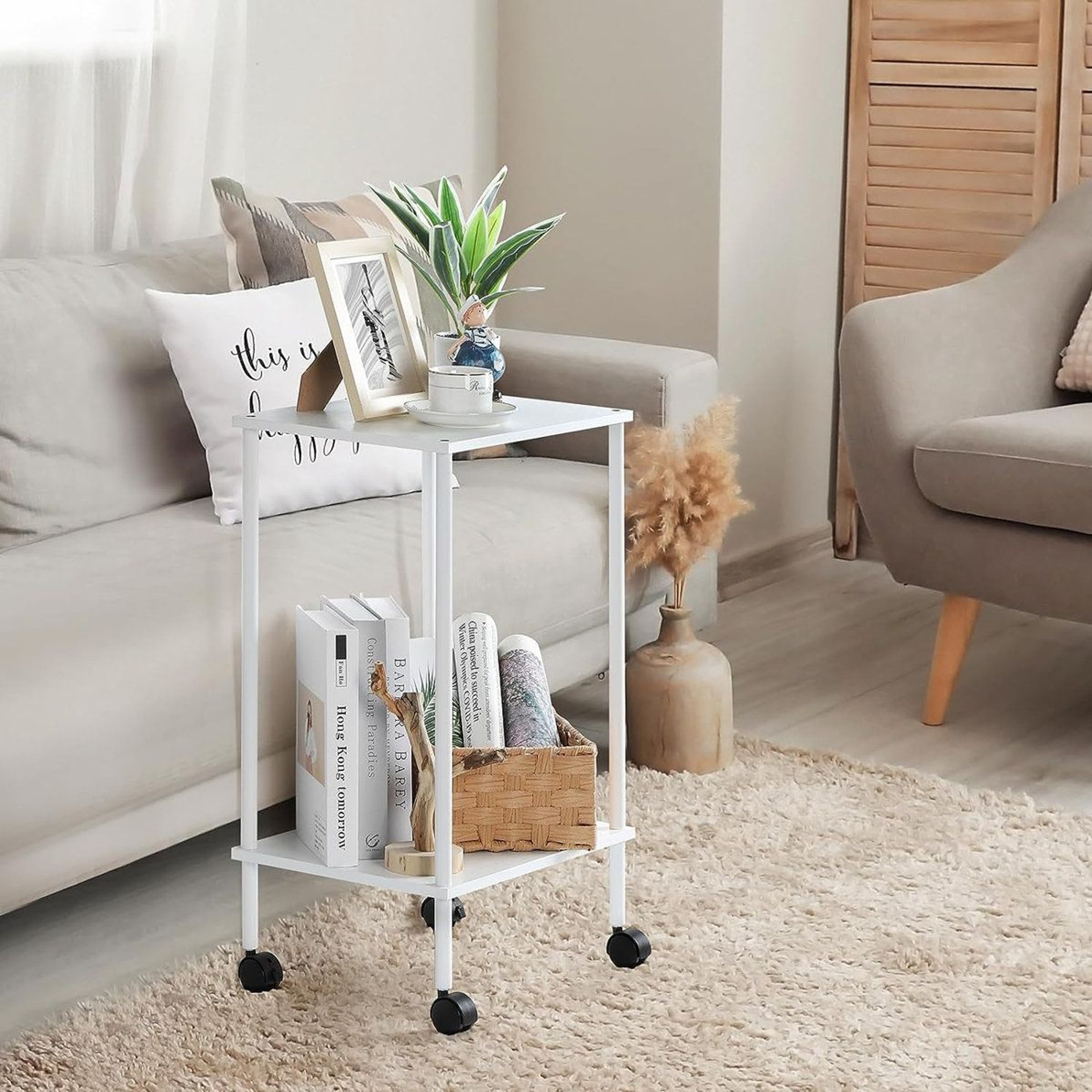Ebern Designs Basswood Small Nightstand With Wheels And Open Shelf 2
