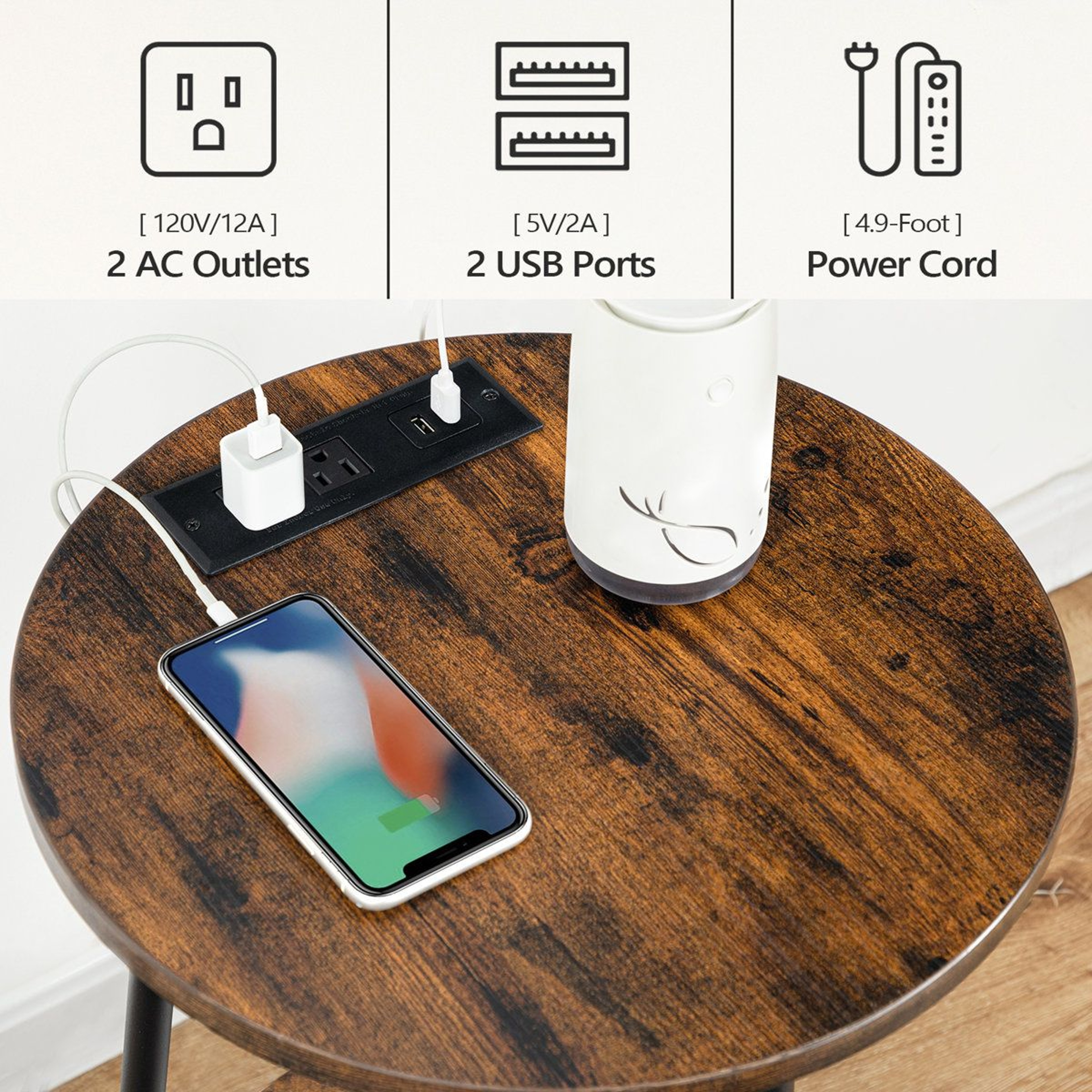 Modern Round End Table With Charging Station And Storage Shelf 2
