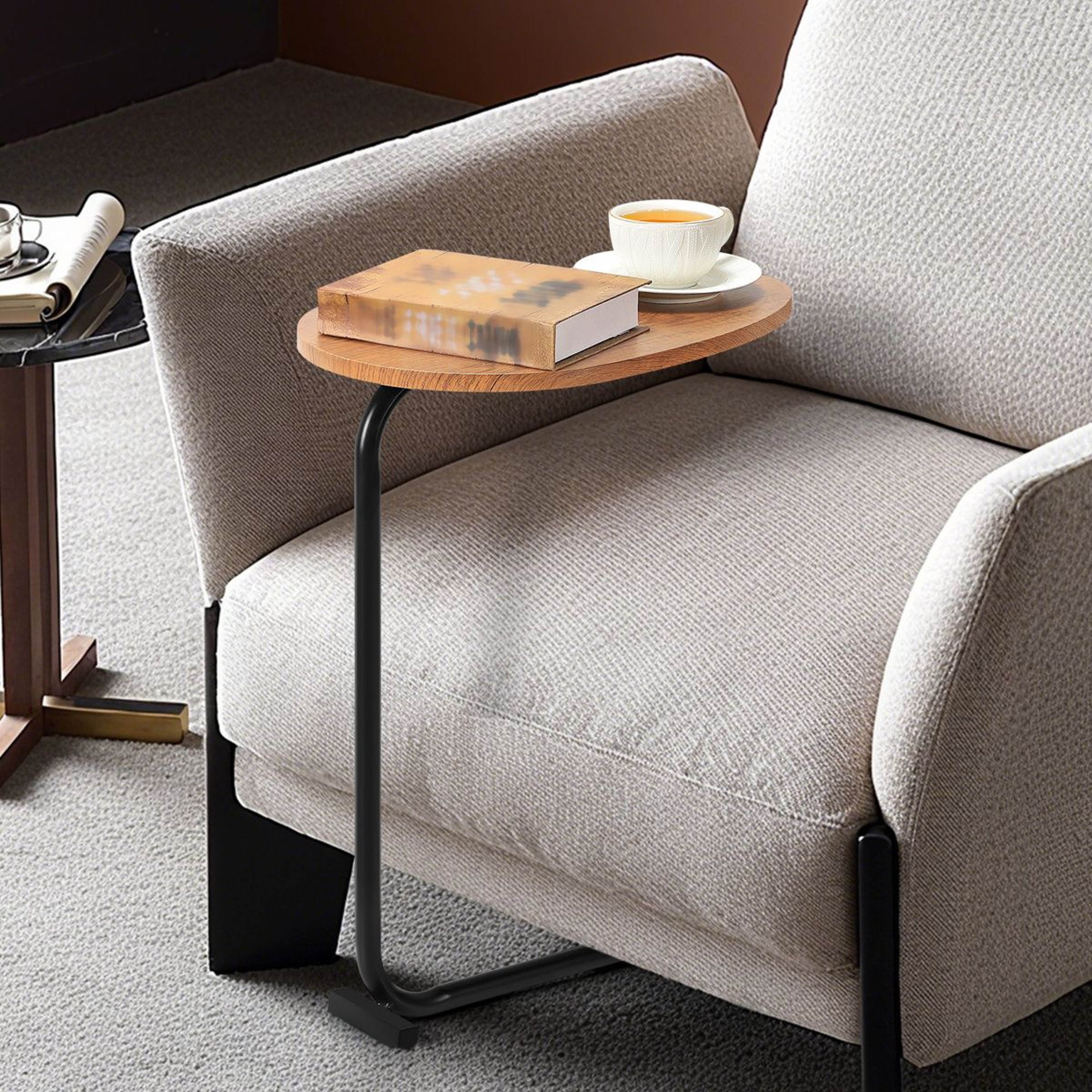 SpaceSaving C Shaped Side Table For Sofa And Bed With Brown Wood Top 2