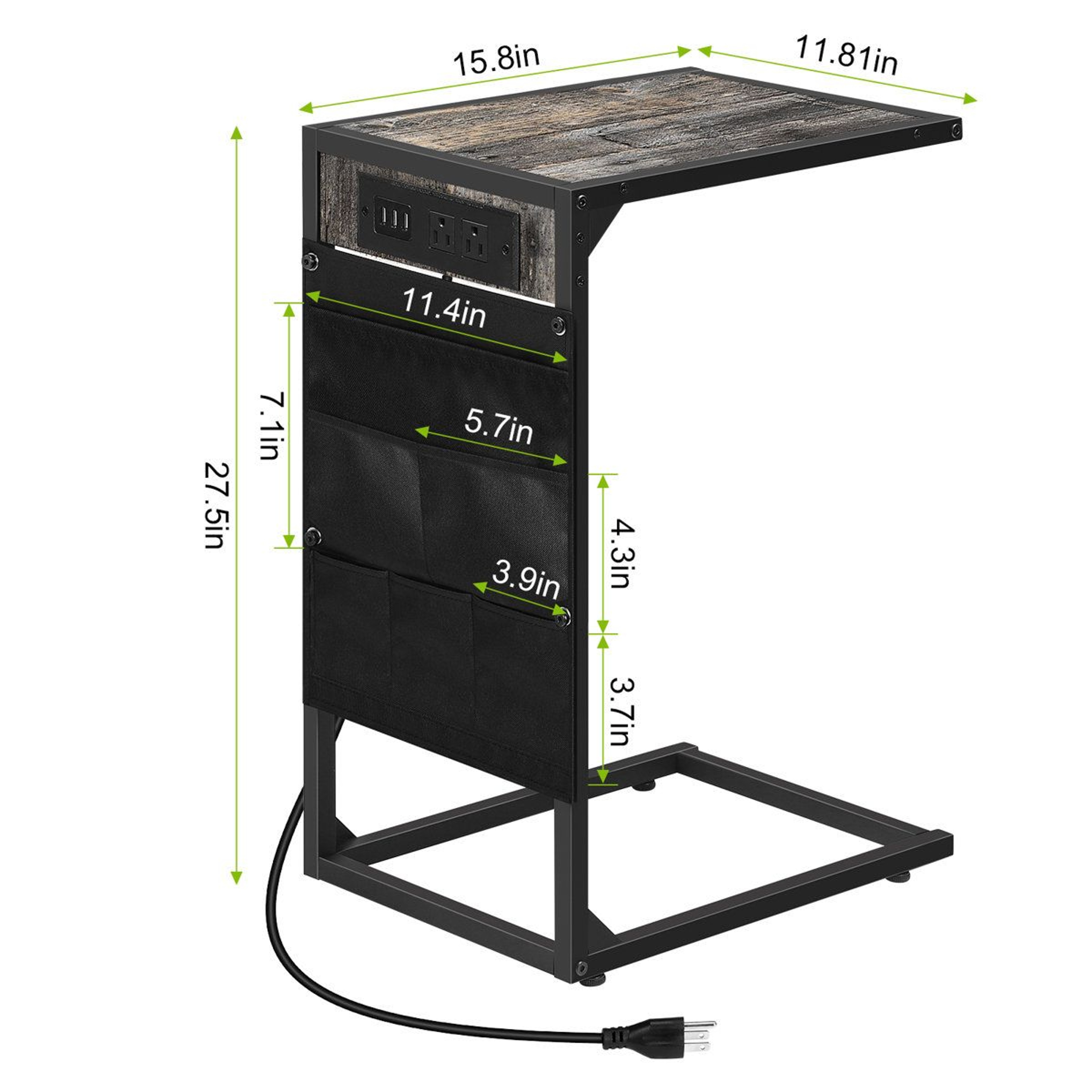 2 Pack C Shaped Side Tables With Charging Station And Storage Bag Dark Gray 2