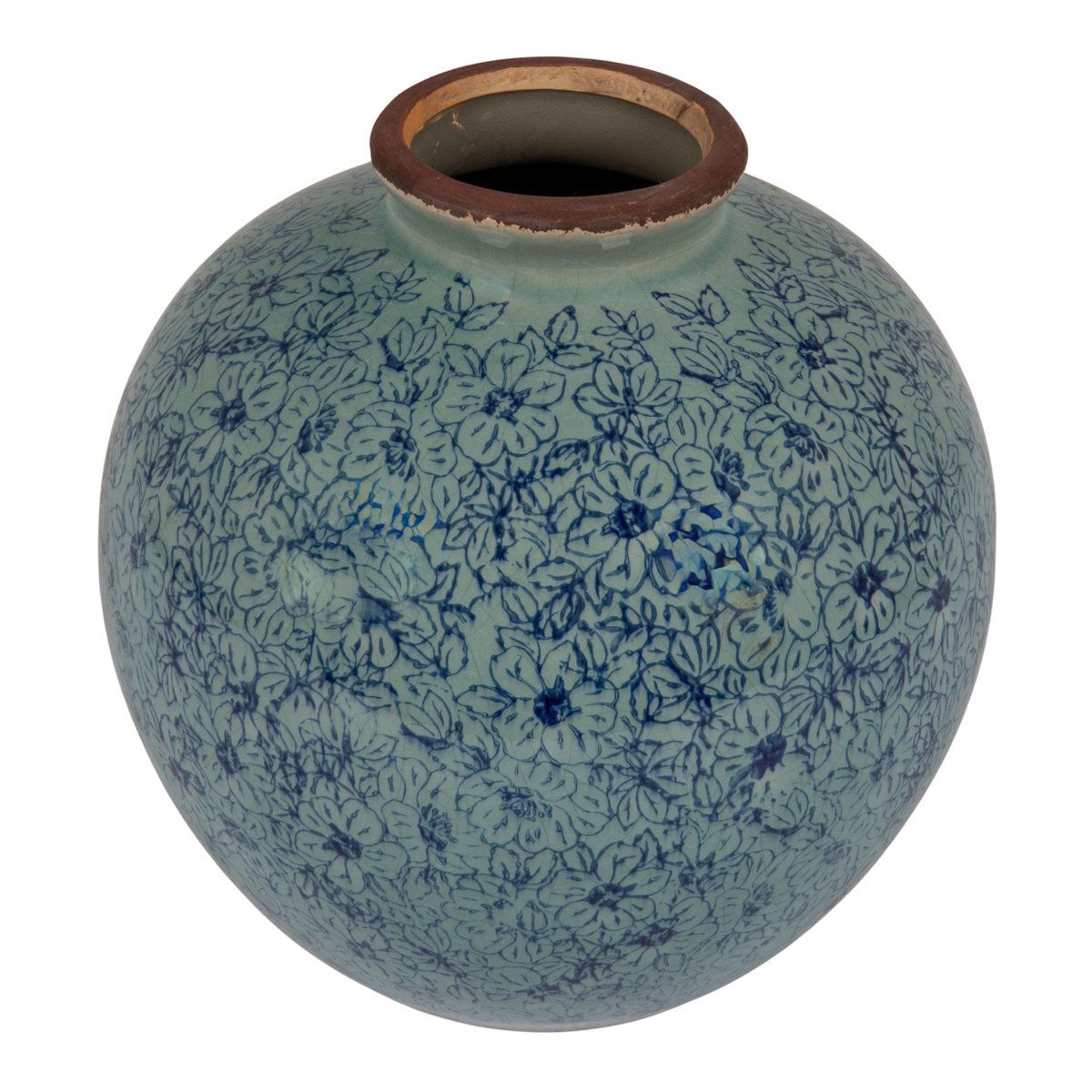 Dolohov Round Terracotta Vase With Floral Transferware Pattern 0