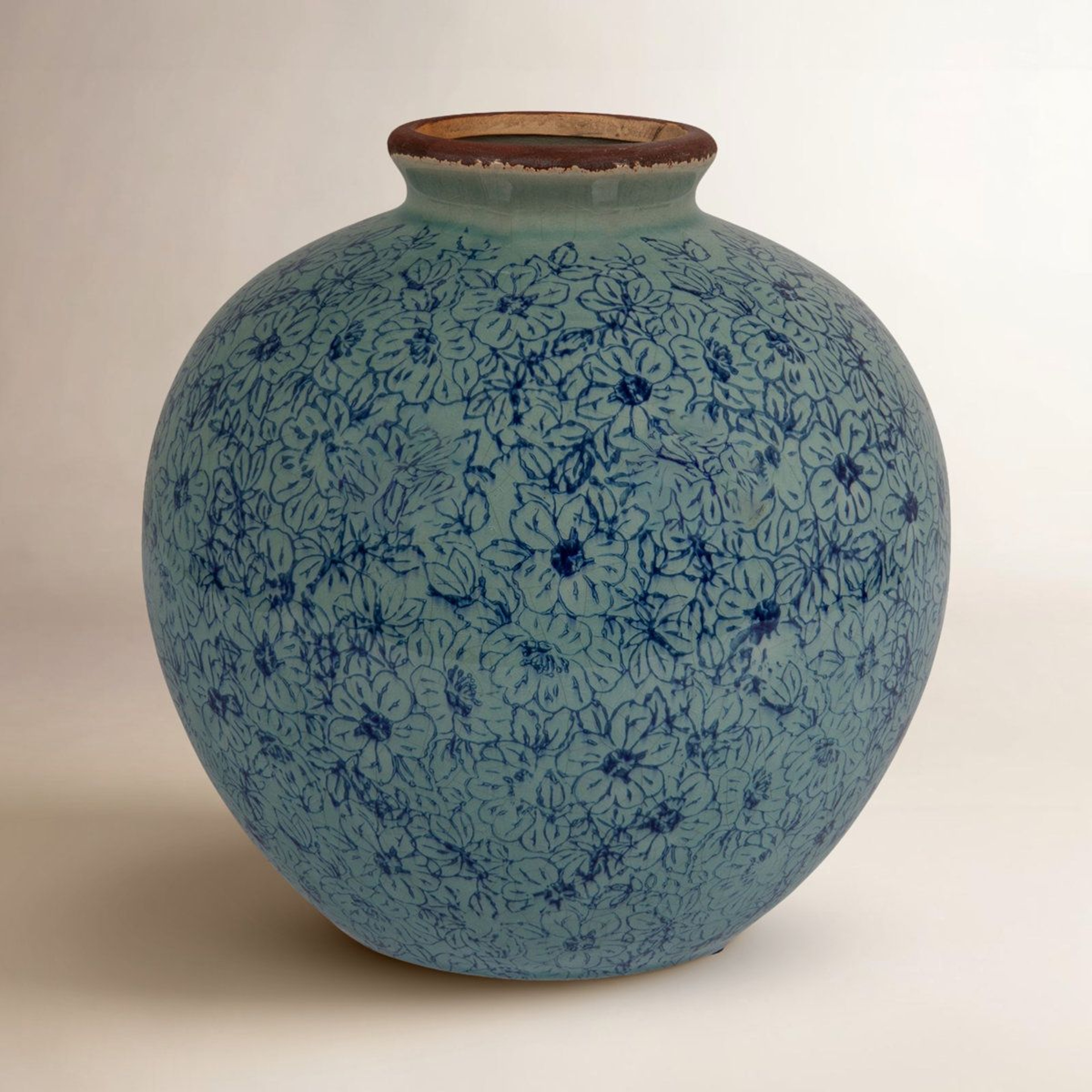 Dolohov Round Terracotta Vase With Floral Transferware Pattern 6