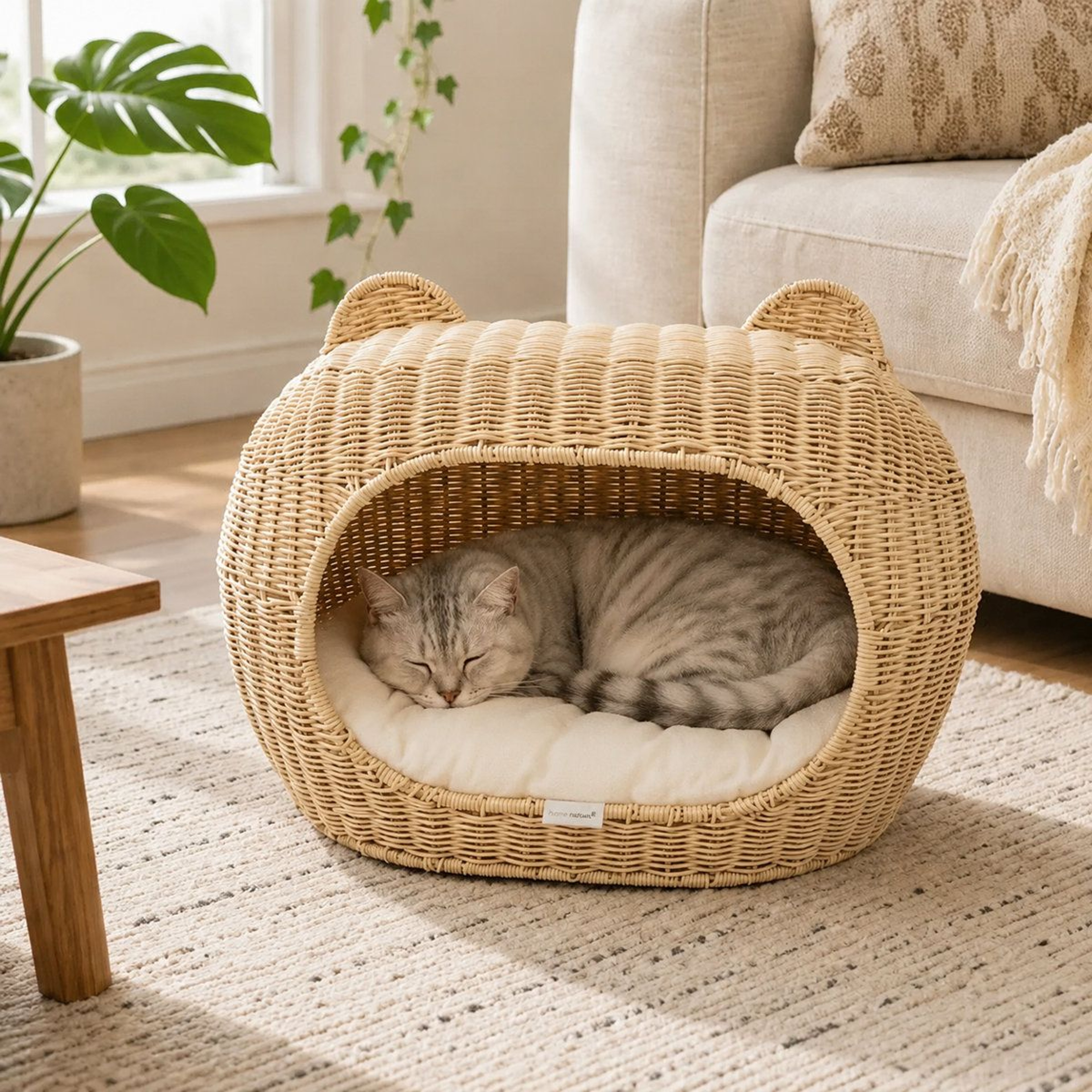Handwoven Igloo Cat House With Soft Cushion  Stylish Wicker Pet Cave For Small Dogs And Cats 1