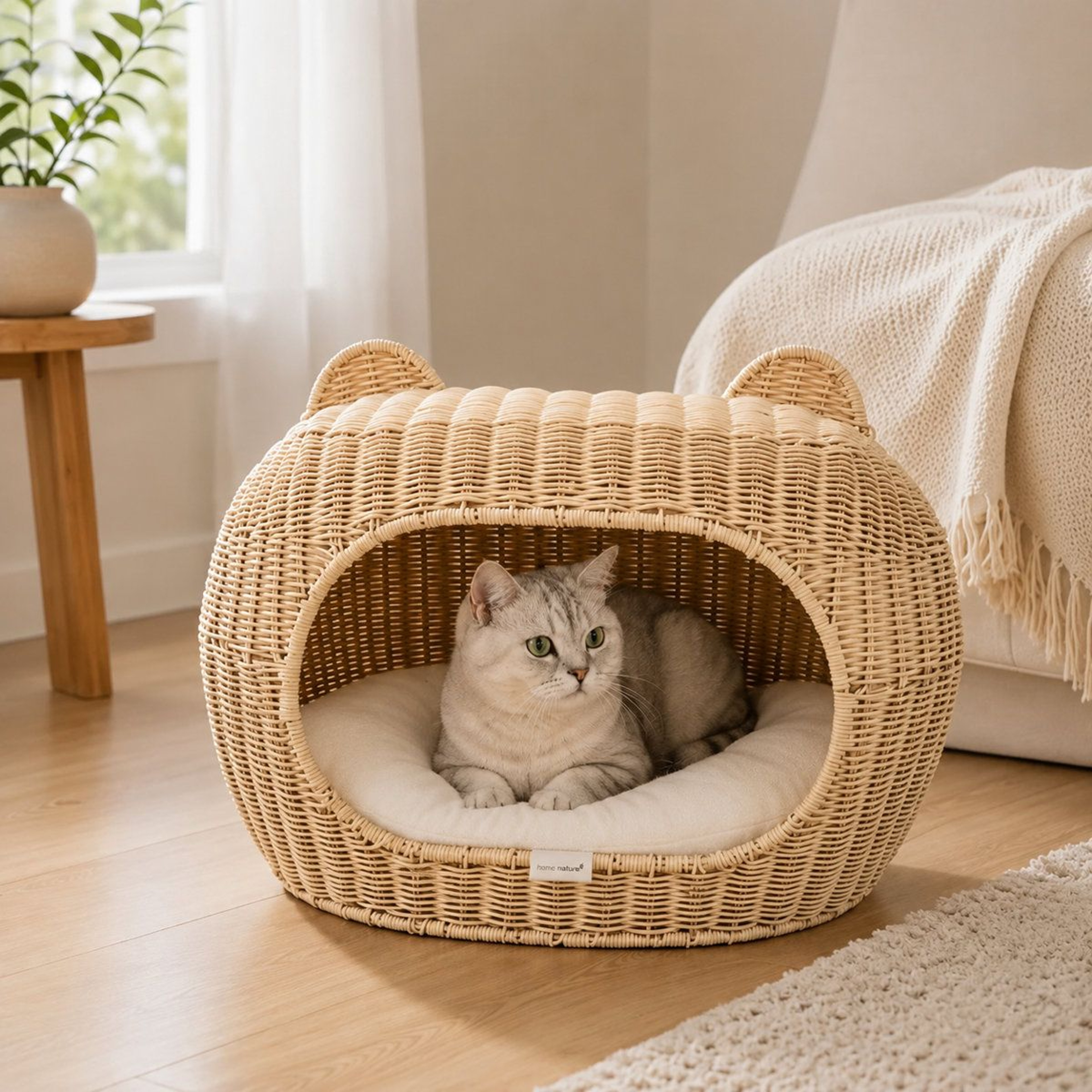 Handwoven Igloo Cat House With Soft Cushion  Stylish Wicker Pet Cave For Small Dogs And Cats 2