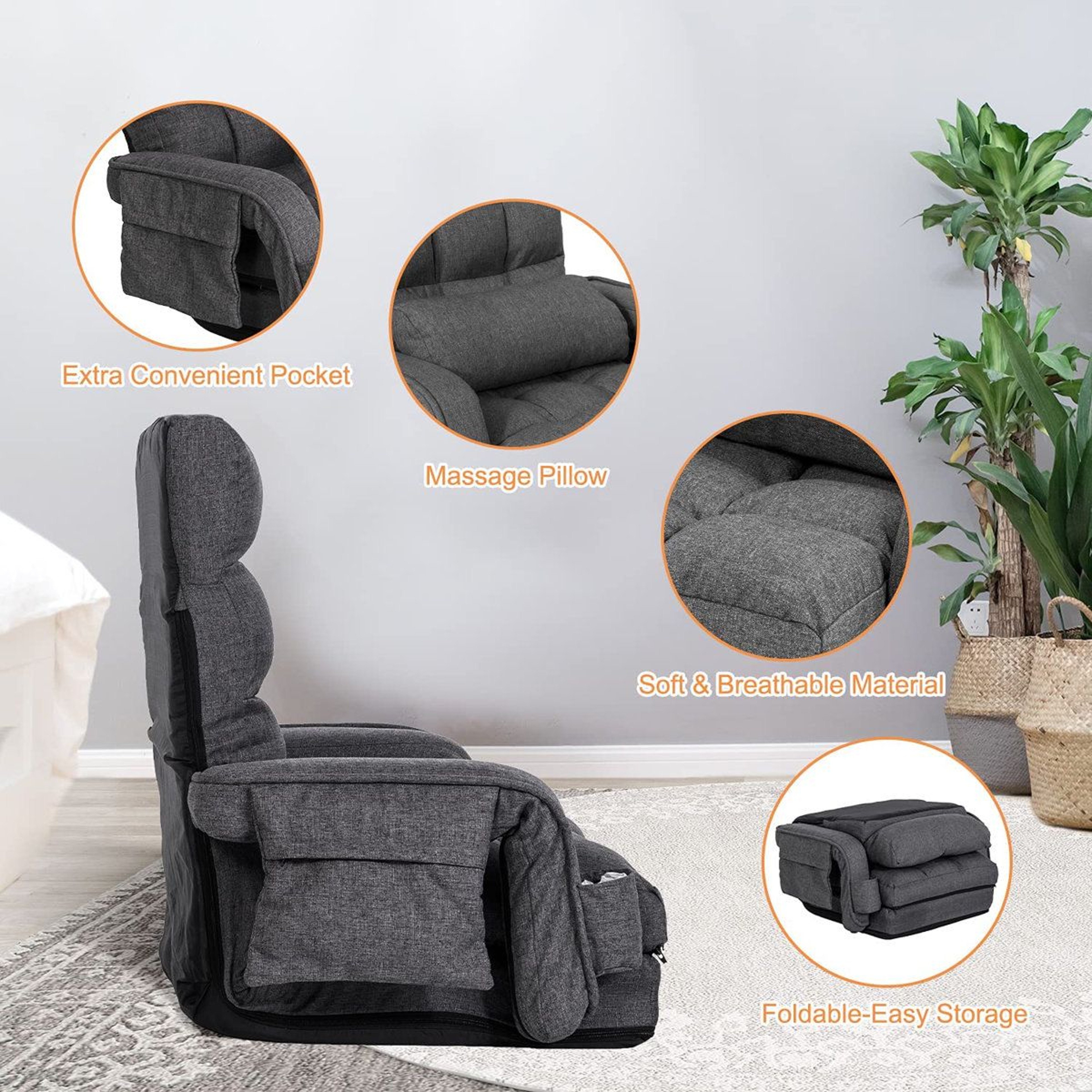 Reclining Ergonomic Floor Chair With Footrest And Adjustable Backrest 3