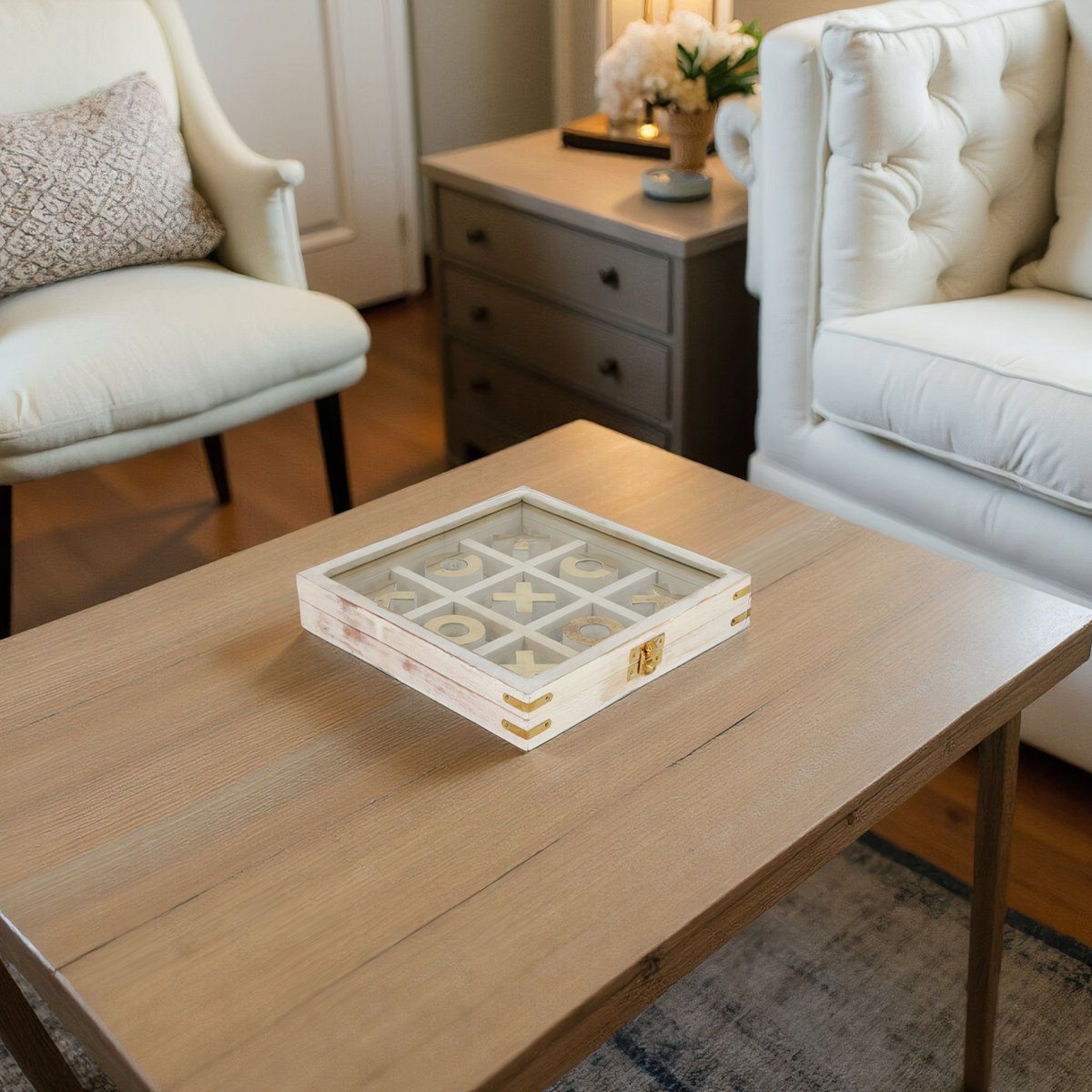 Handmade Wood And Glass Tic Tac Toe Game Modern Coffee Table Decor Set 1