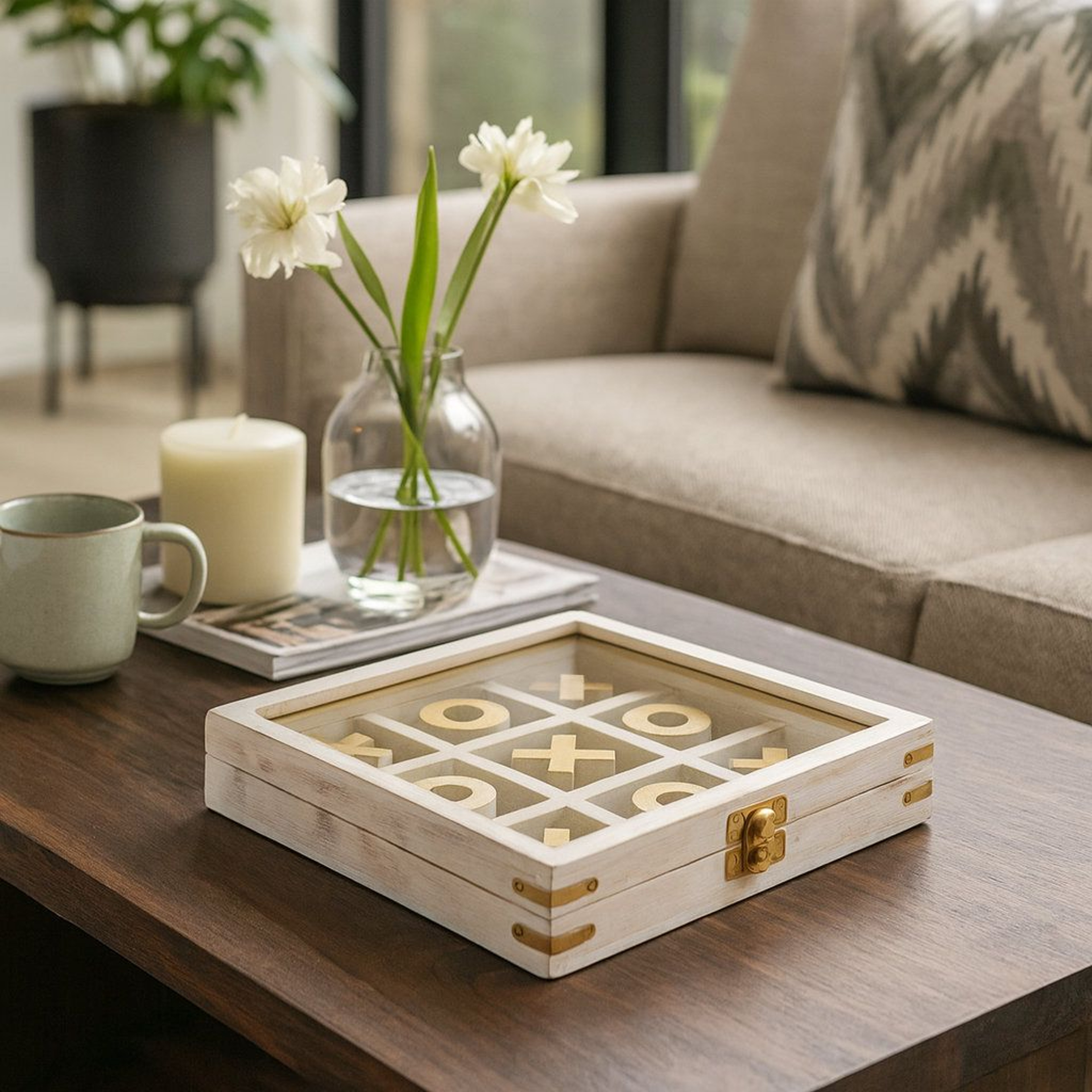 Handmade Wood And Glass Tic Tac Toe Game Modern Coffee Table Decor Set 3