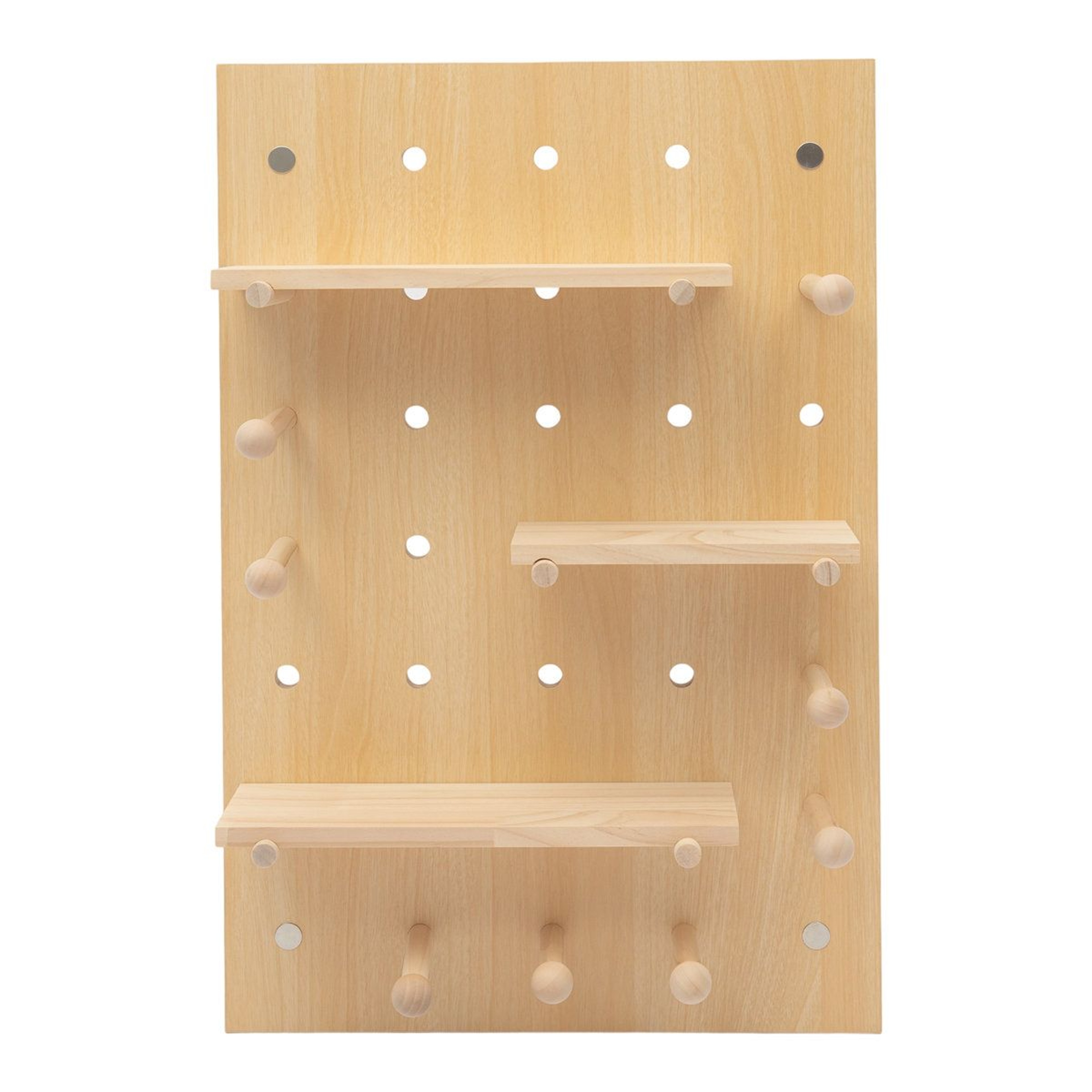 Modular Wooden Pegboard Wall Organizer And Customizable Display Shelf 12