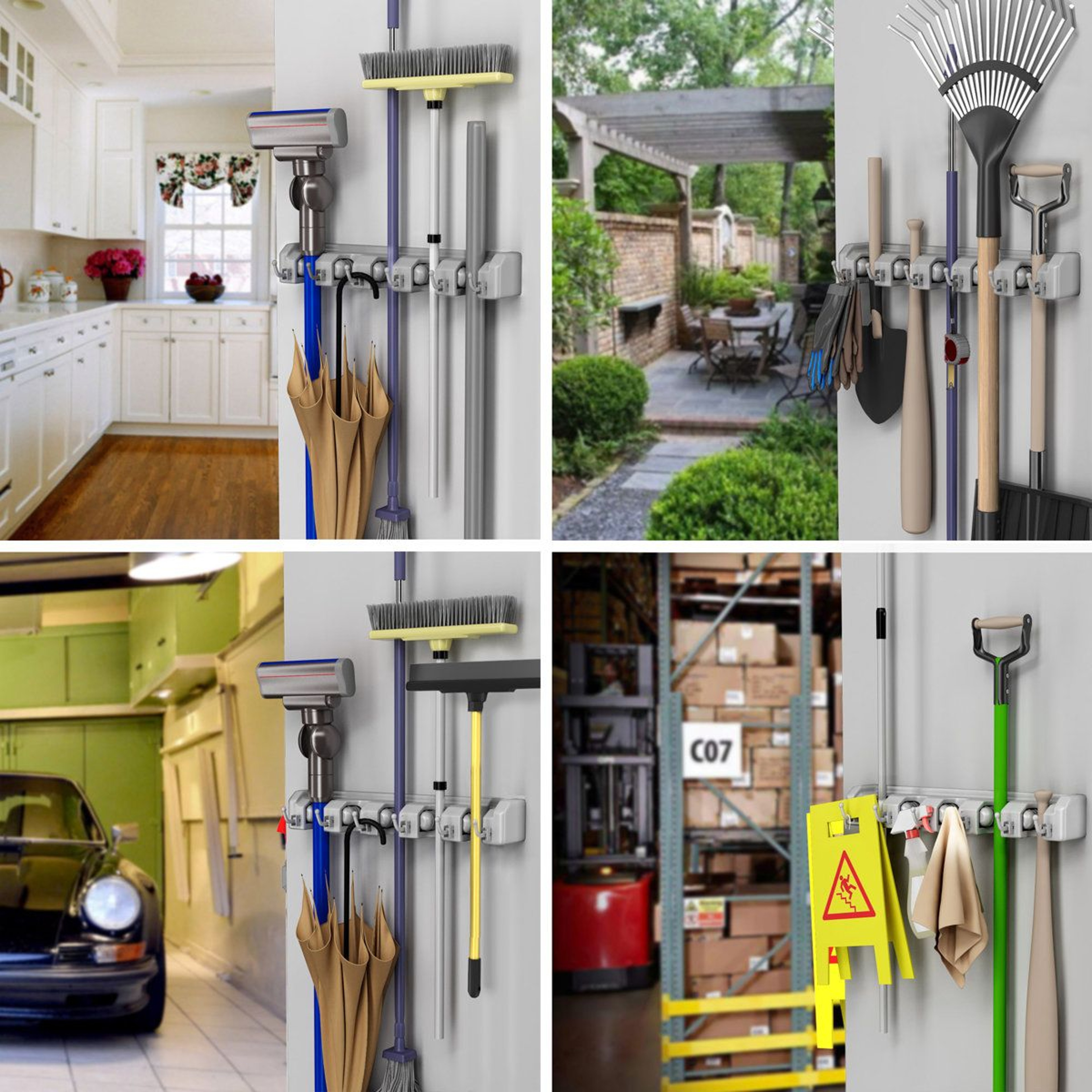 Adjustable Wall Organizer With 5 Slots And 6 Hooks For Garage Storage And Broom Holder 2
