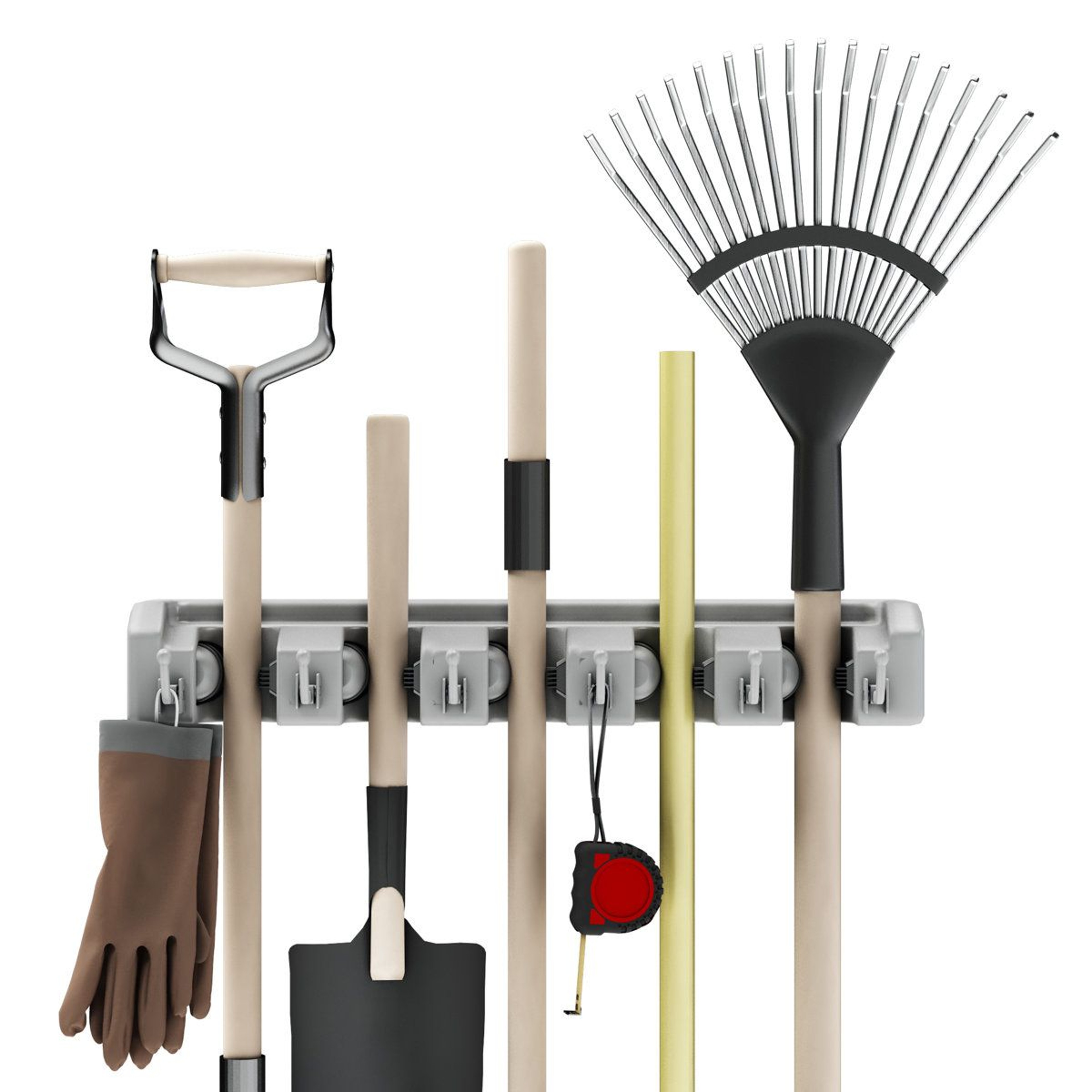 Adjustable Wall Organizer With 5 Slots And 6 Hooks For Garage Storage And Broom Holder 5