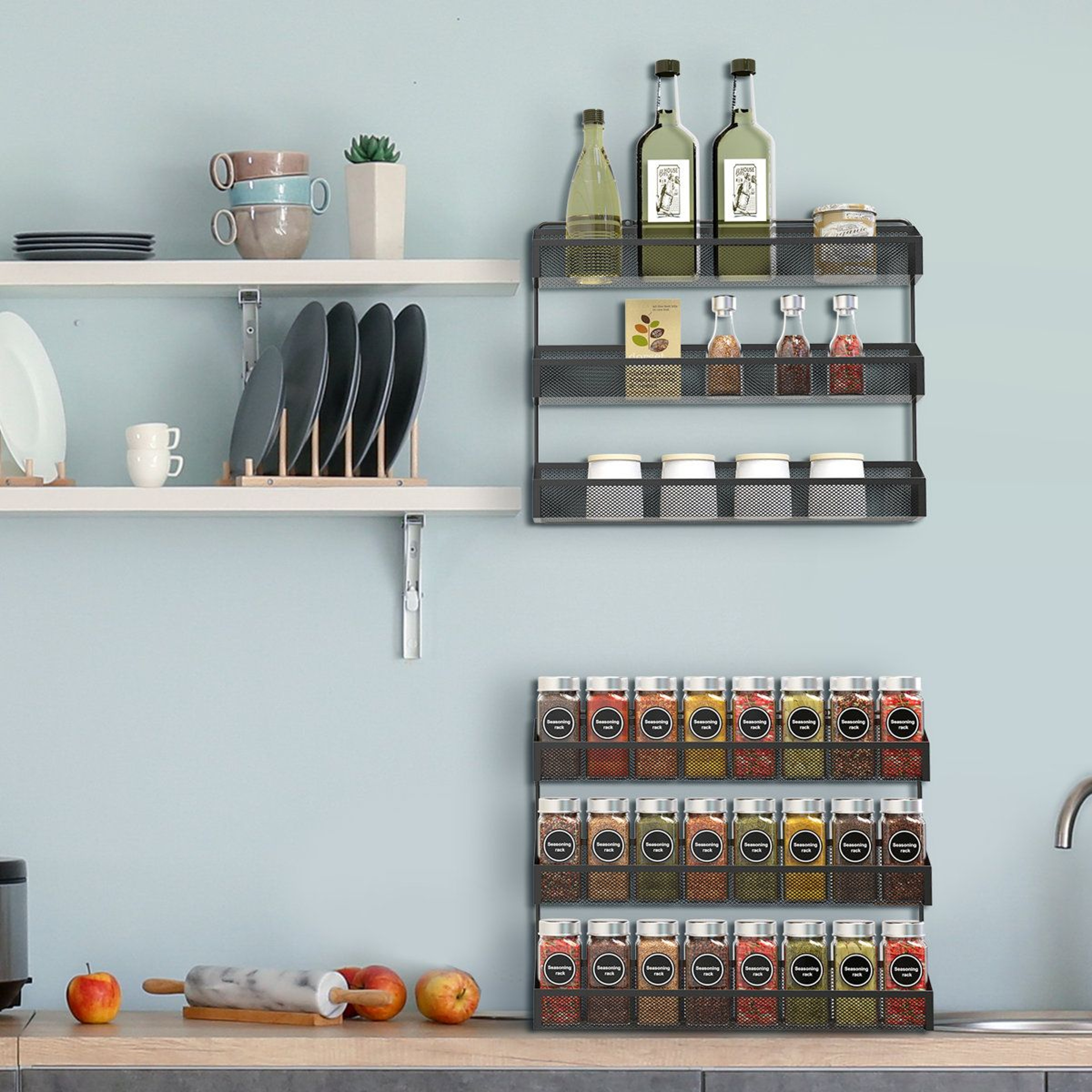 3 Tier Wall Mounted Spice Rack Organizer With Countertop Storage 2