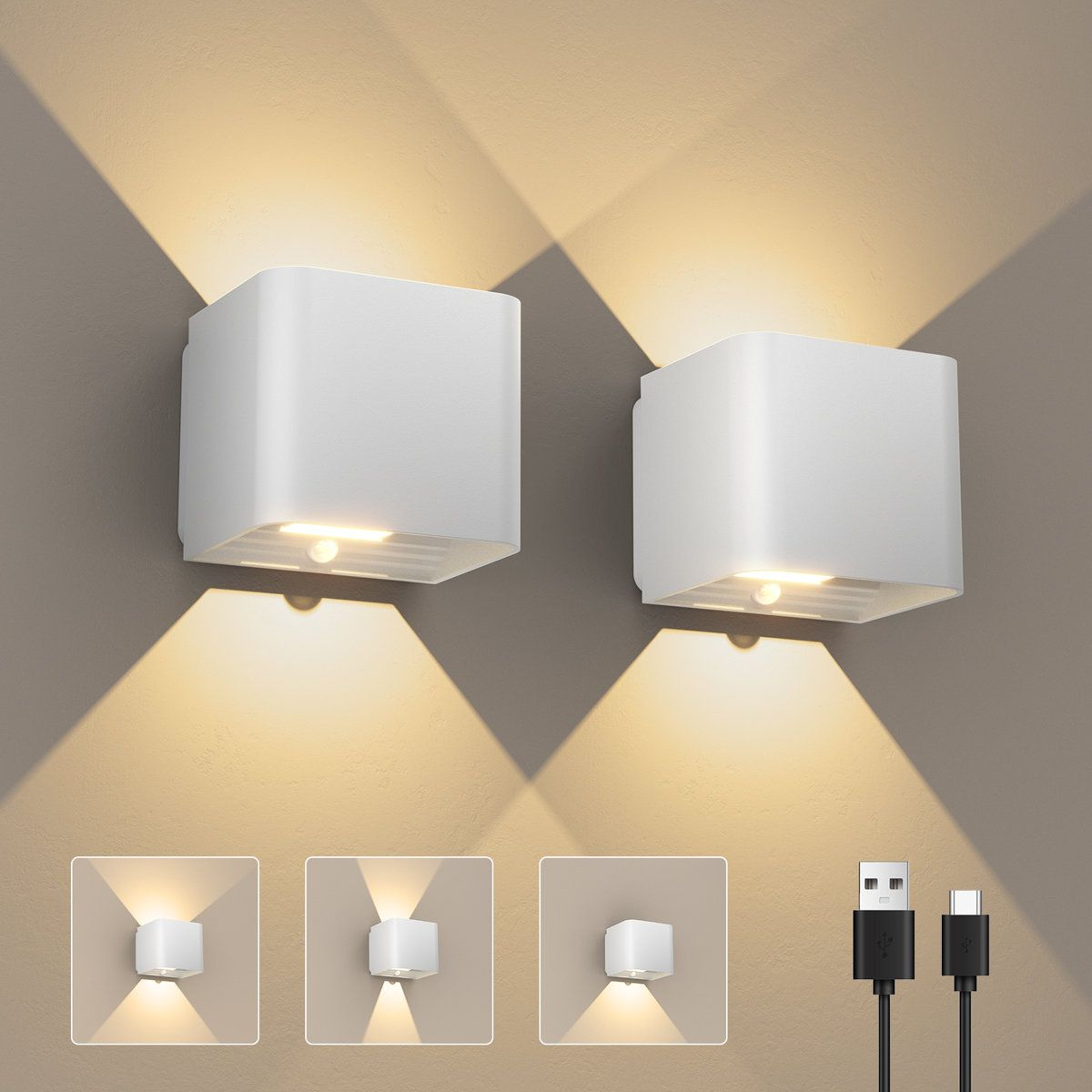 Rechargeable Motion Sensor Wall Lights Adjustable Warm White Indoor Outdoor Sconces Set Of 2 7