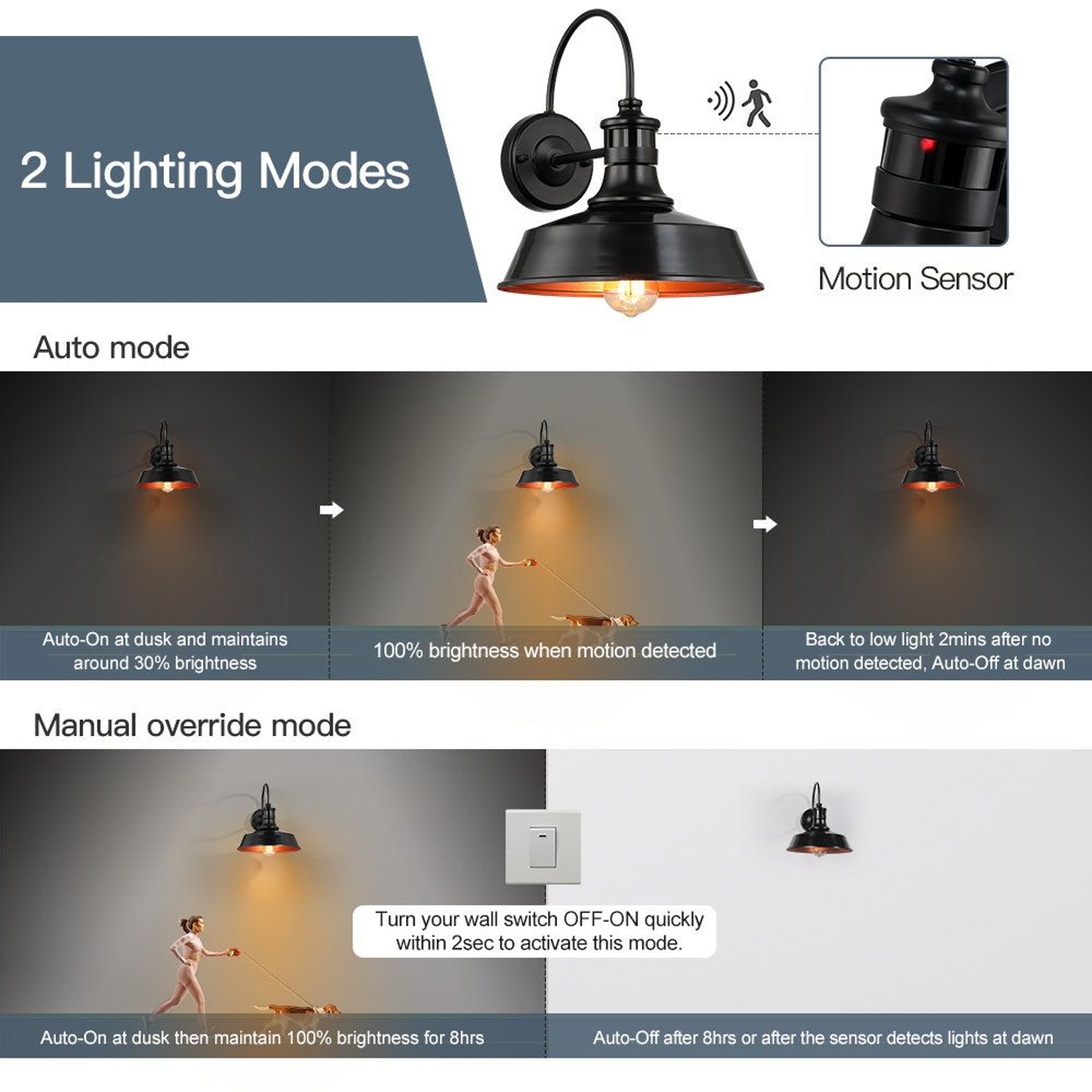 12 Inch Dusk To Dawn Motion Sensor Outdoor Barn Light Farmhouse Wall Sconce 2