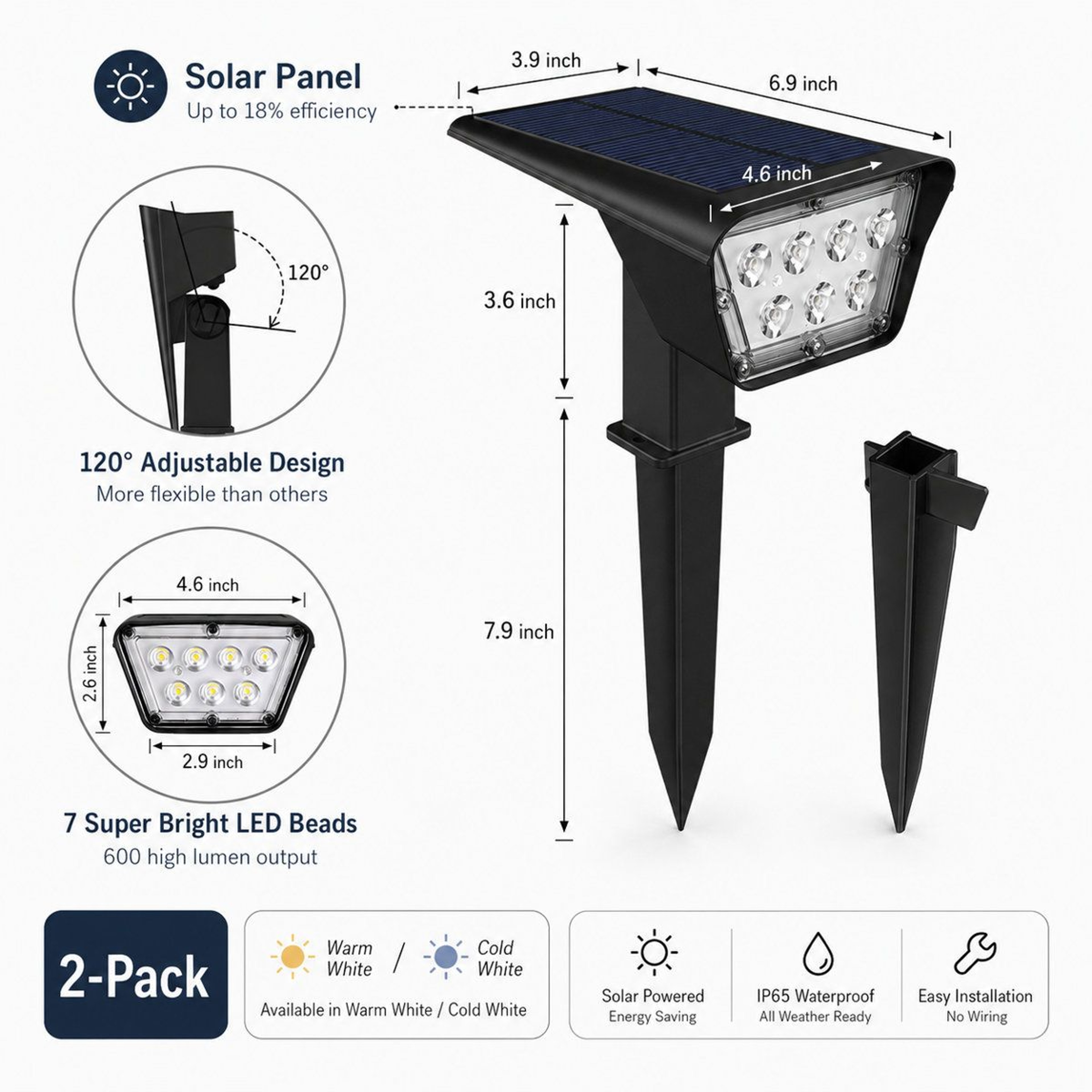 300 Lumen Adjustable Solar Landscape Spotlights Dusk To Dawn Outdoor Lights Set Of 2 7