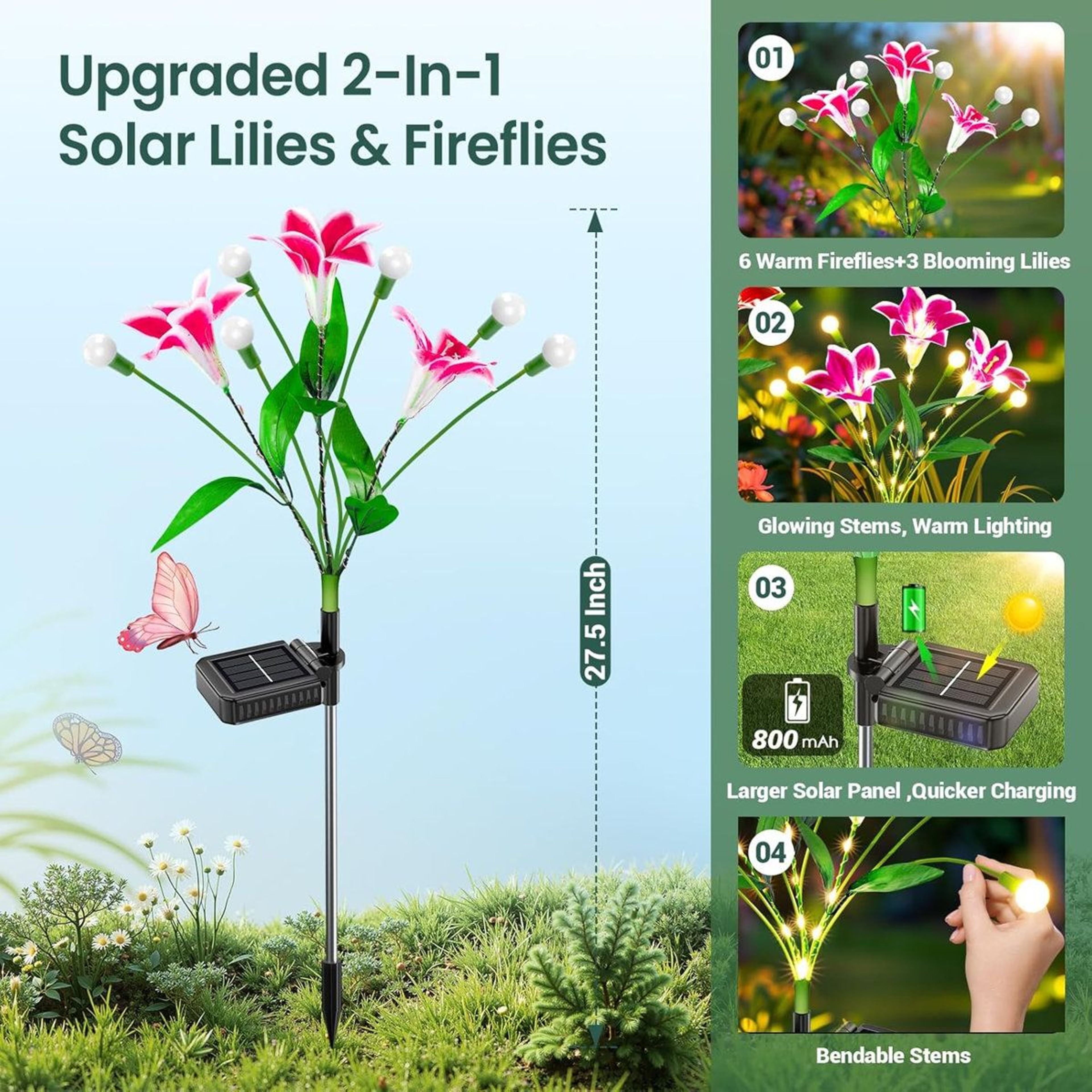 Solar Lily Firefly Garden Lights Waterproof Swaying Outdoor Pathway Decor Set Of 4 5