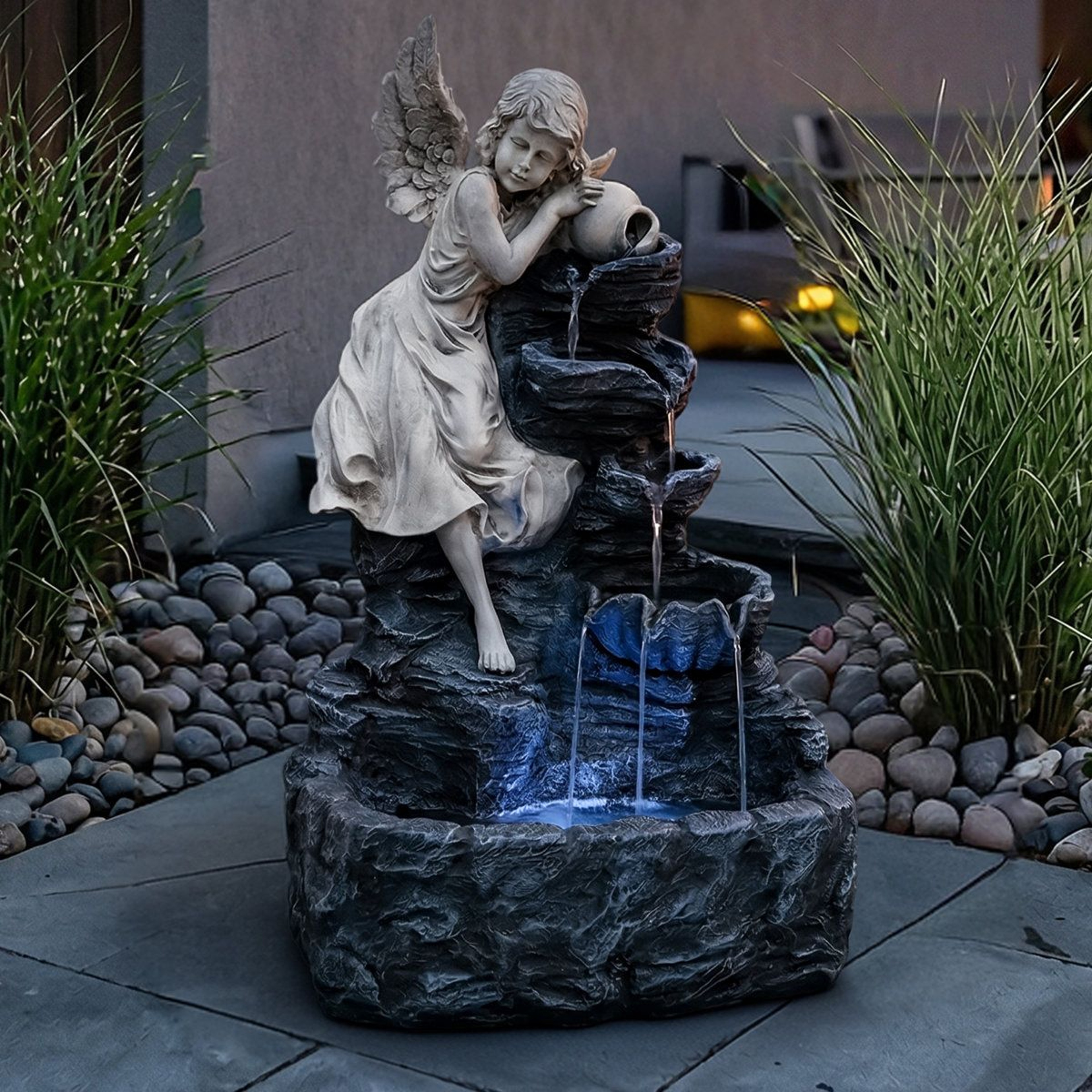 Solar Angel Garden Fountain With LED Light And Battery Backup 9