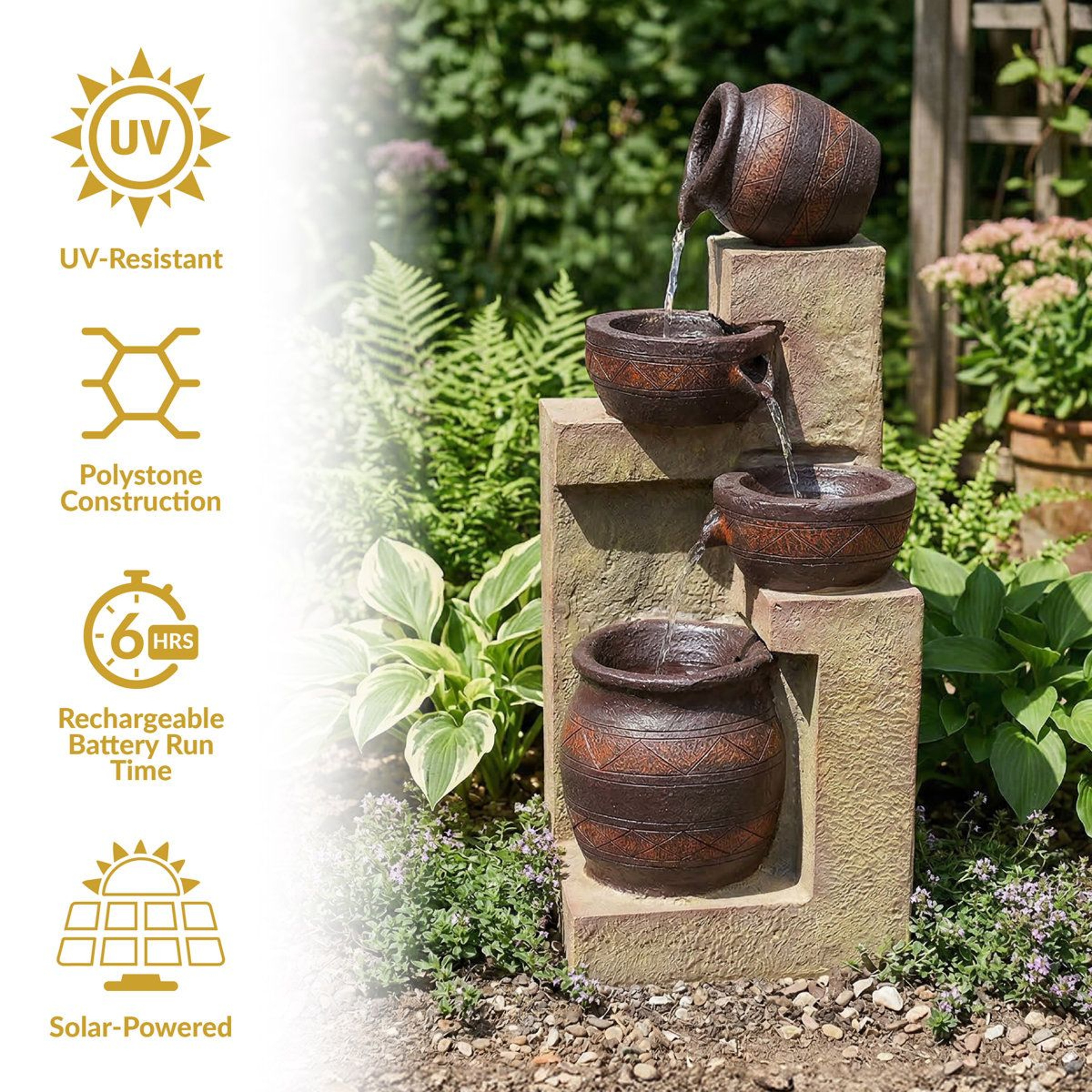 Solar Cascading Outdoor Garden Fountain With LED Light And Battery Backup 5