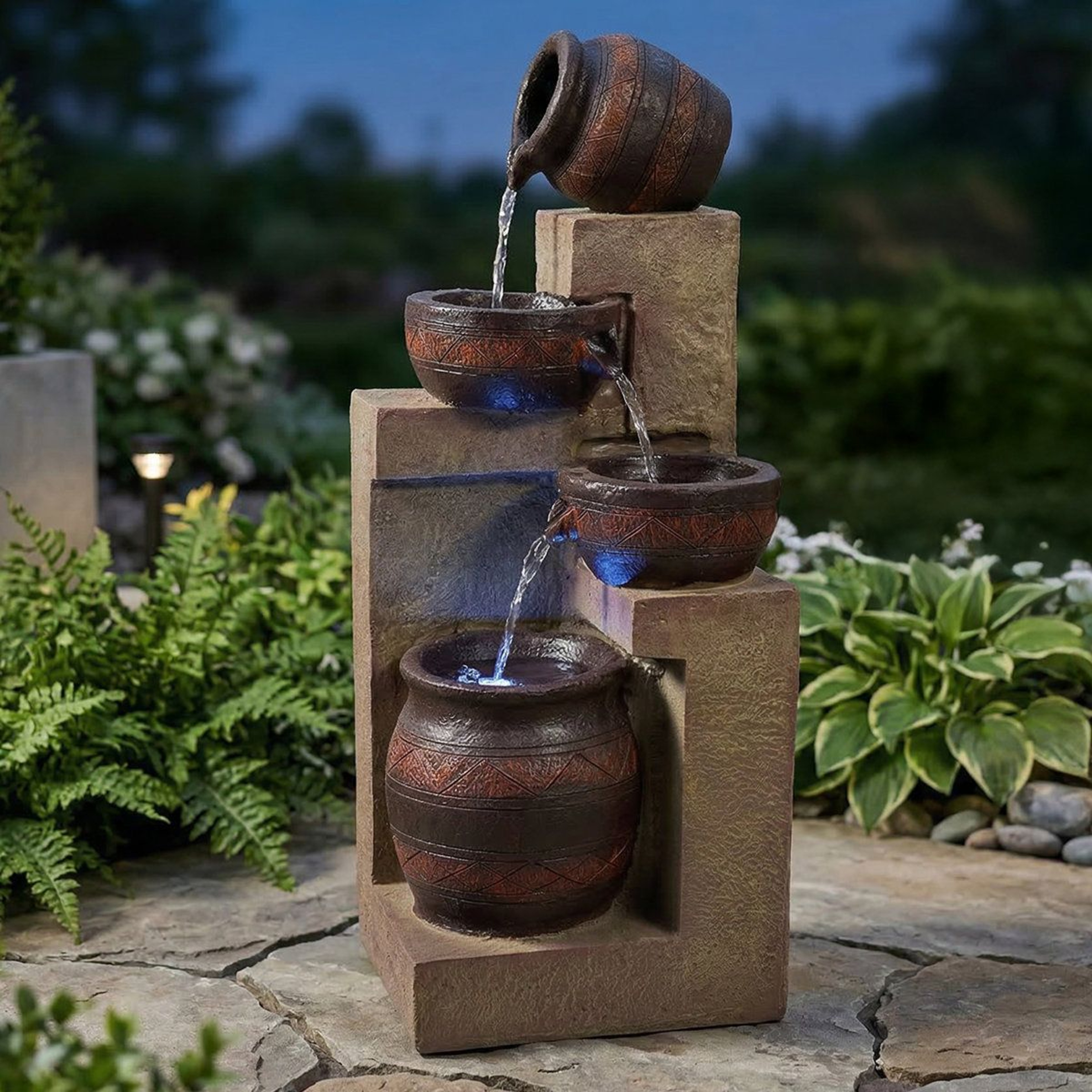 Solar Cascading Outdoor Garden Fountain With LED Light And Battery Backup 2