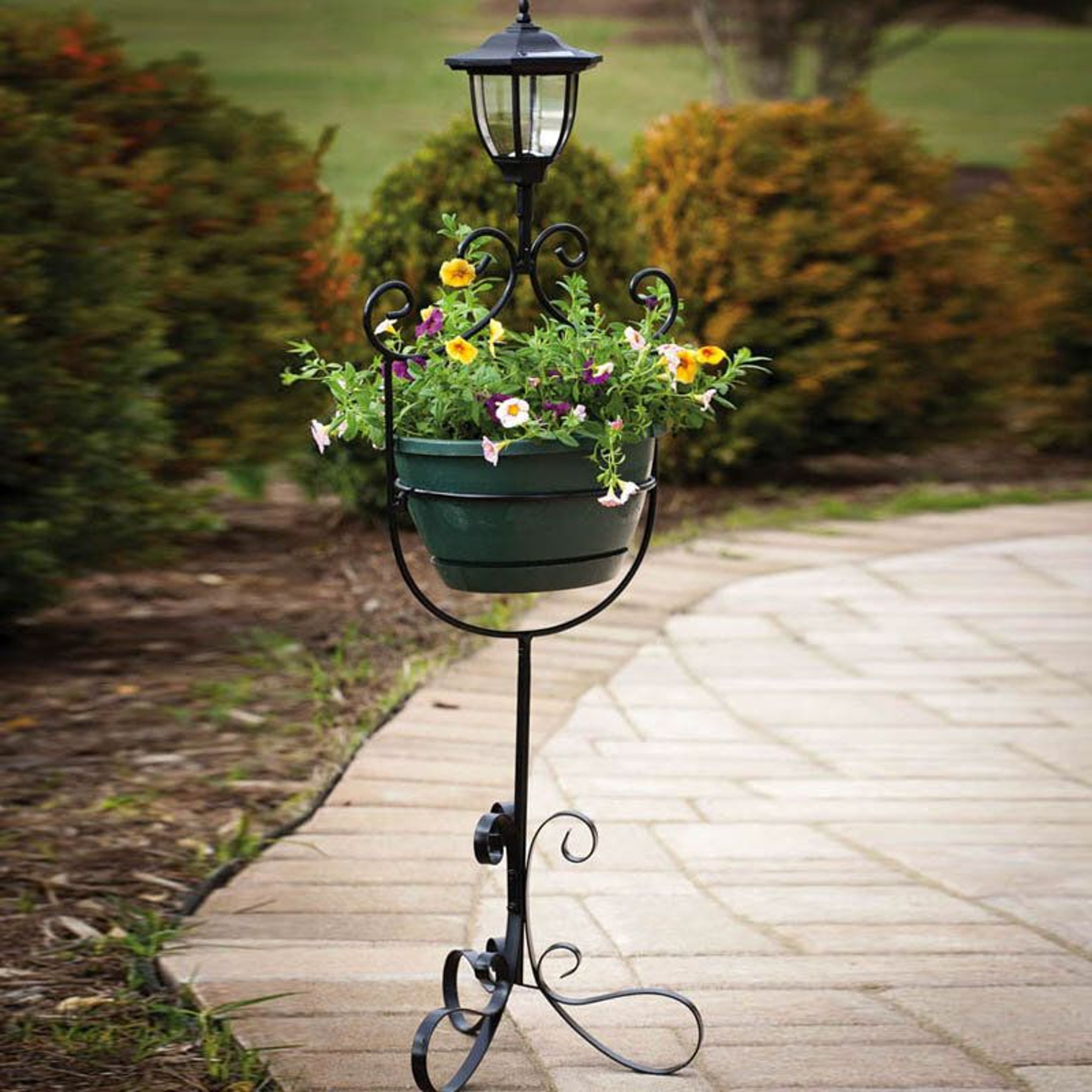 39 Inch Solar Planter Stand With Pot Holder And Outdoor Lantern 2