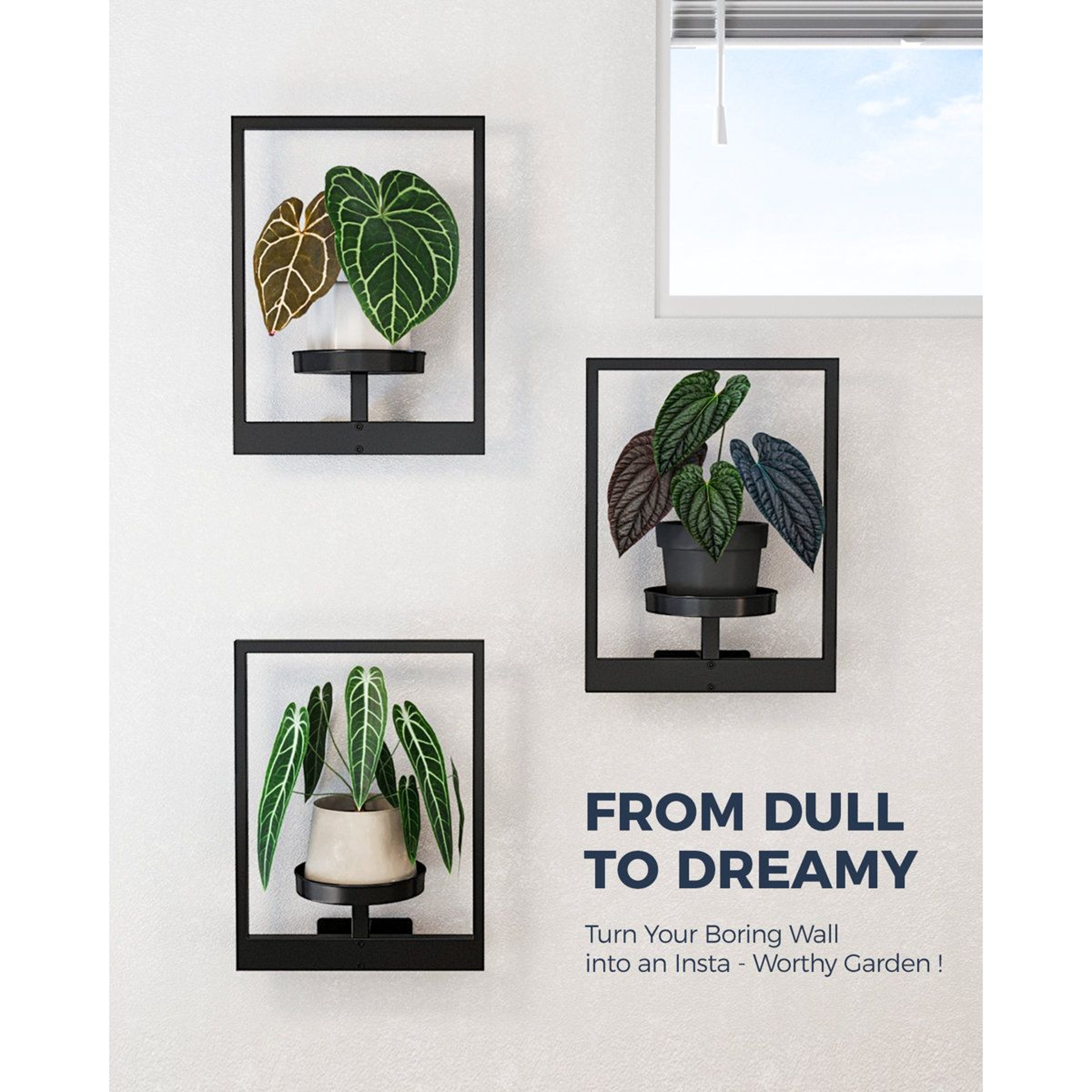 3 Pack Wall Hanging Planters Black Metal Plant Shelves For Indoor Outdoor Decor 1