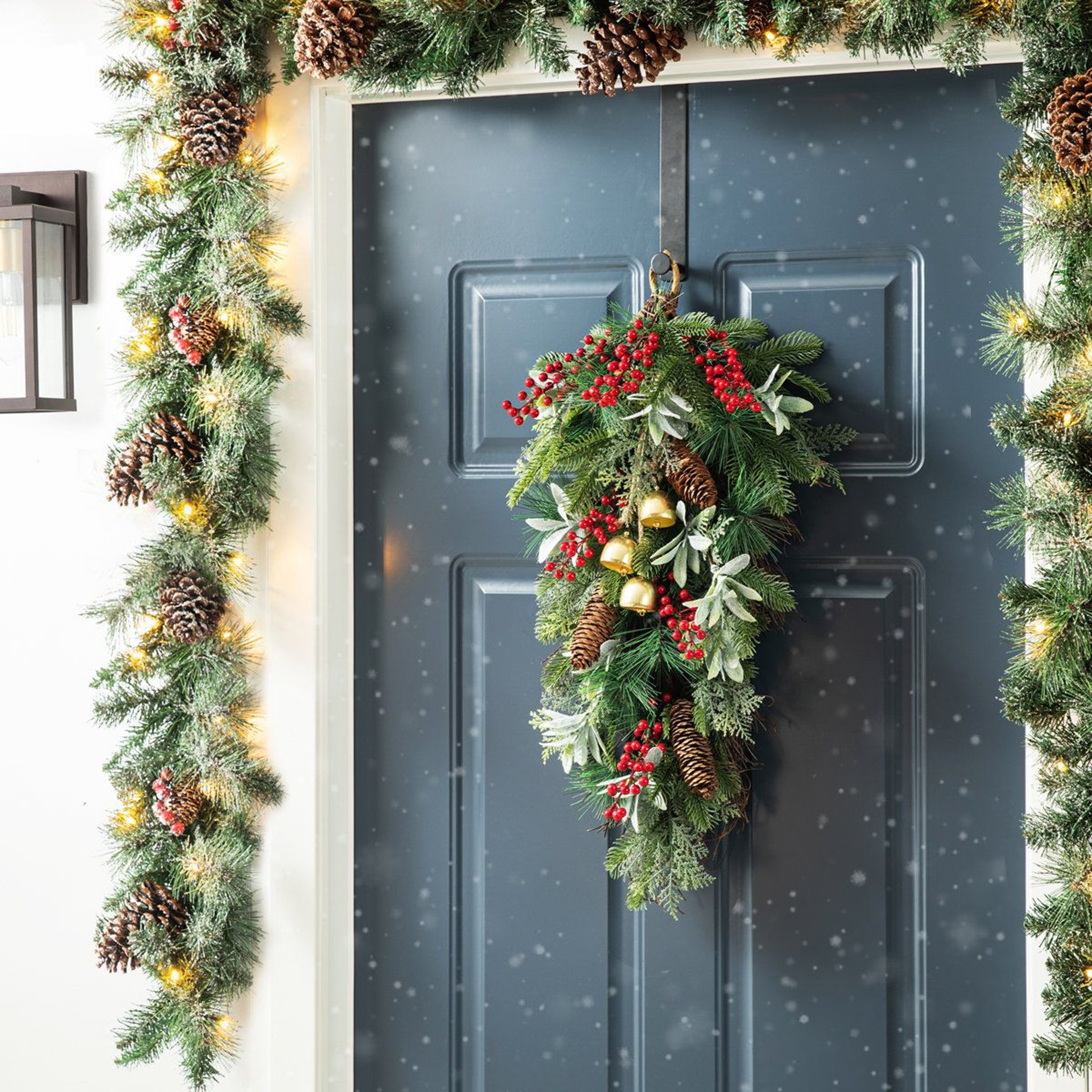 Frosted Pinecone Door Swag With Red Berries And Bells 5